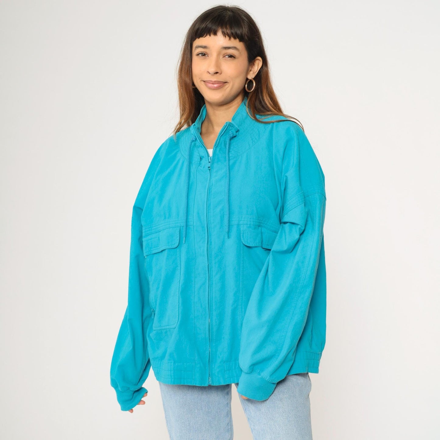 90s Turquoise Windbreaker Jacket Cargo Pockets Drawstring Neck XXL