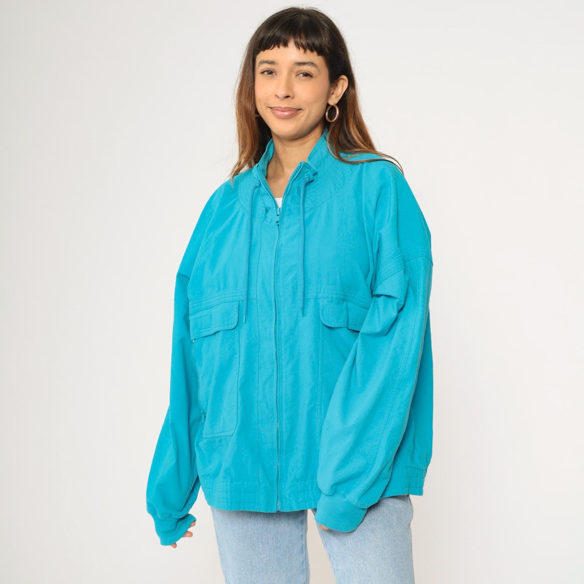 90s Turquoise Windbreaker Jacket Cargo Pockets Drawstring Neck XXL