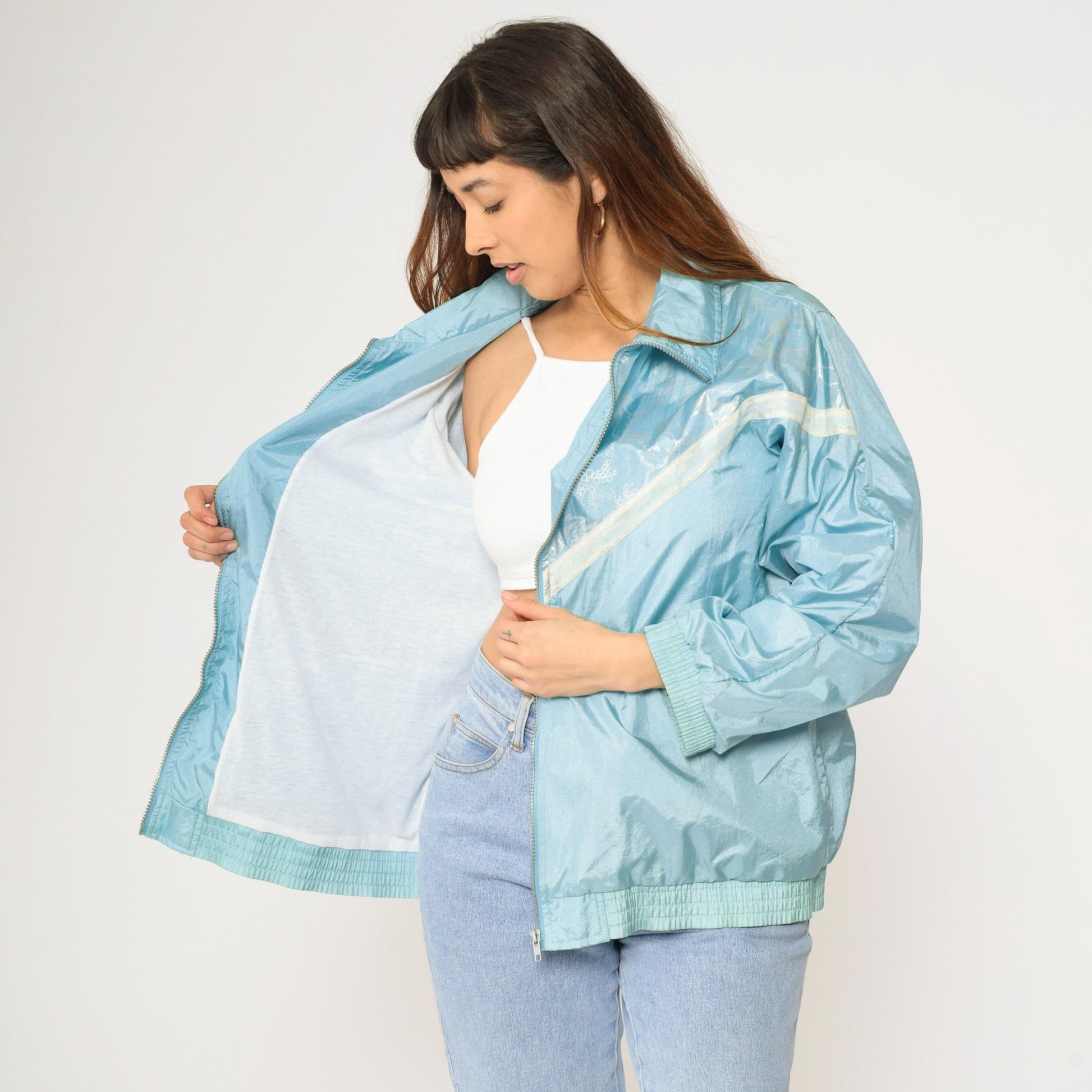 90s Forenza Windbreaker Jacket Light Blue Floral Chevron Stripe Nylon Large L