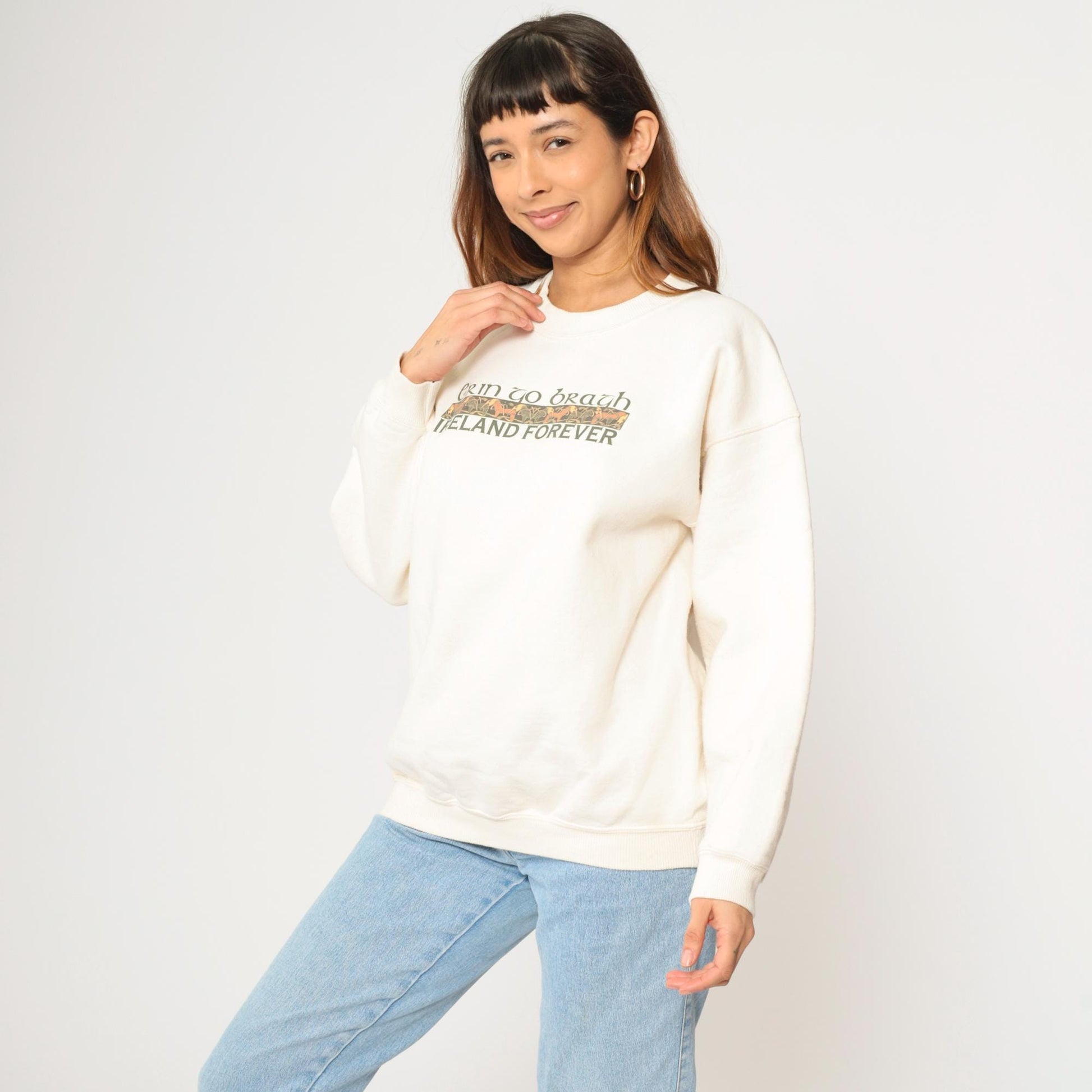 Y2K Ireland Forever Erin Go Bragh Celtic Graphic Sweatshirt Cream Large L