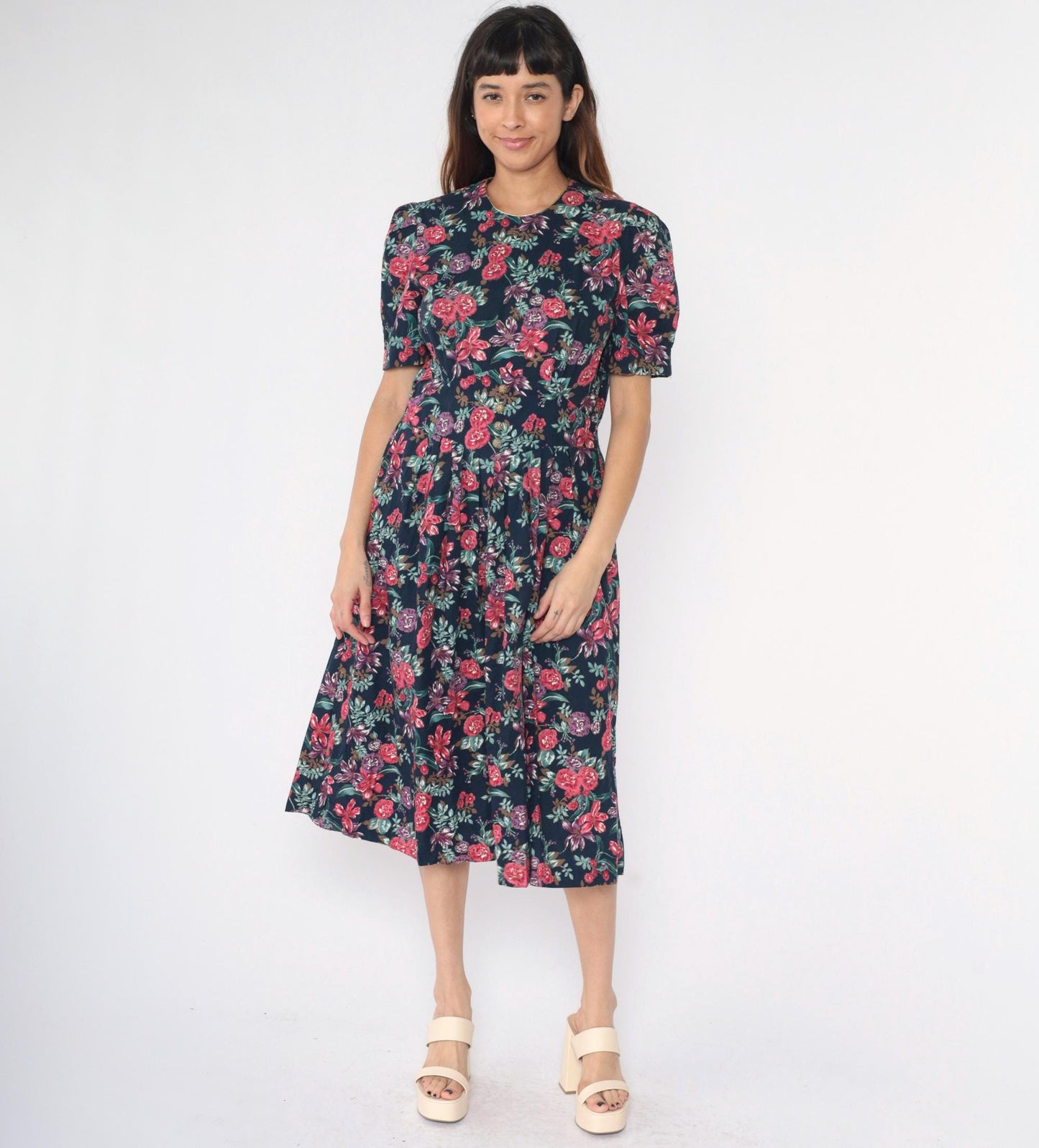 80s Navy Floral Midi Dress Puff Sleeve Basque Waist Smocked Back Medium Petite
