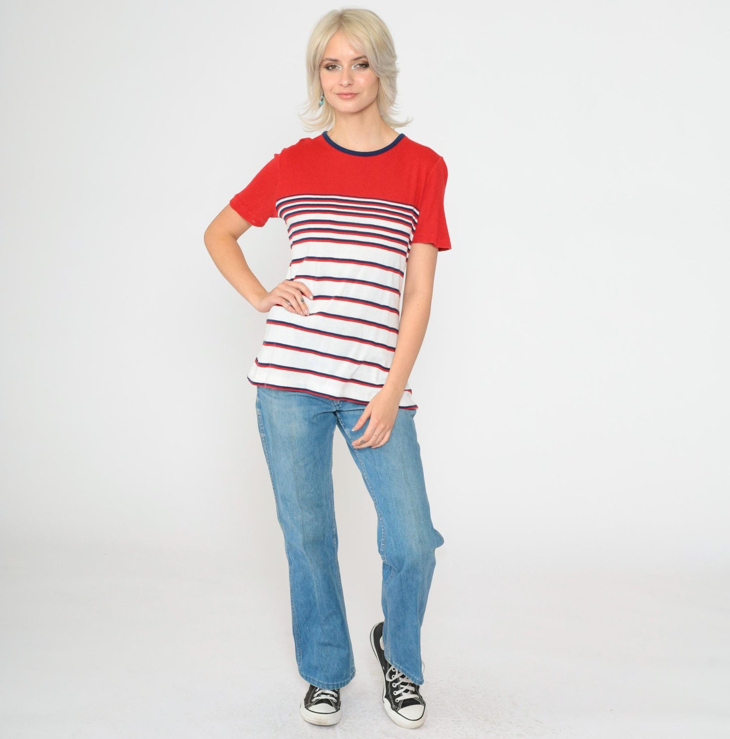80s Aileen Striped Knit Top Red White Navy Ringer Neck Short Sleeve Medium M