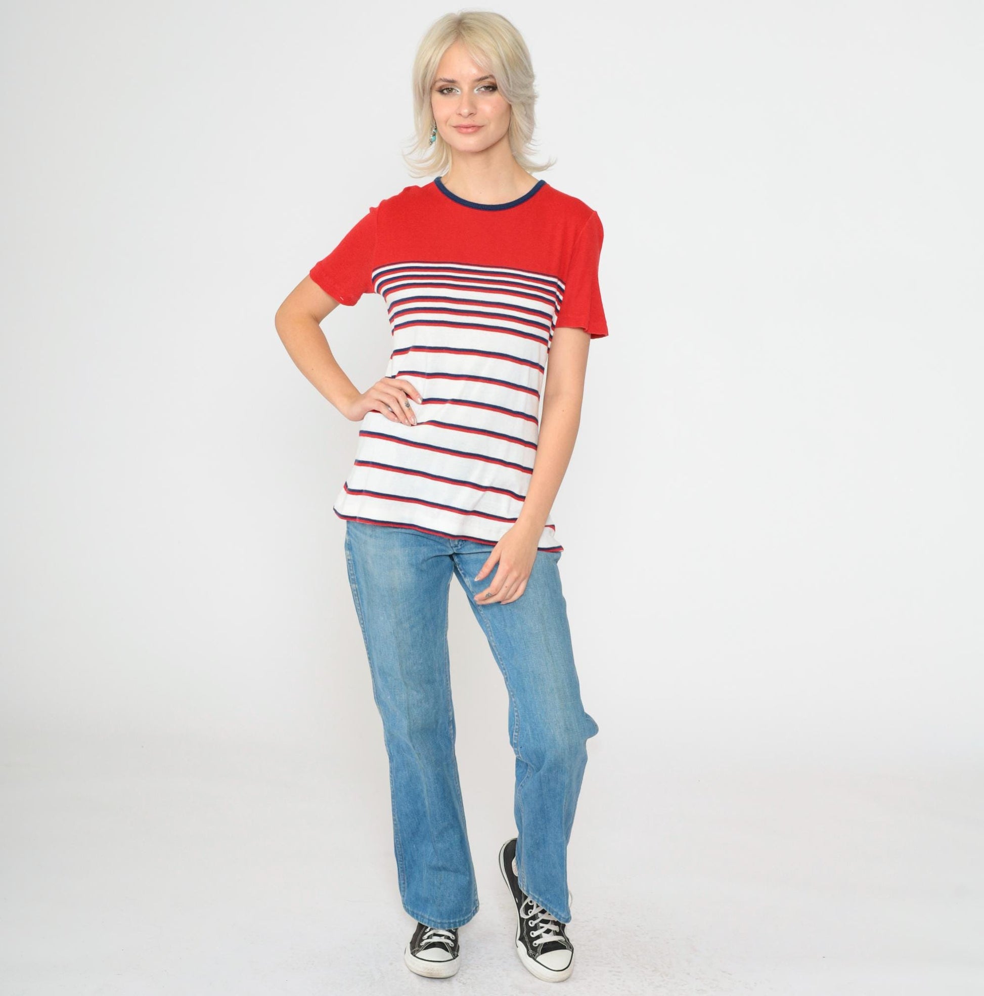 80s Aileen Striped Knit Top Red White Navy Ringer Neck Short Sleeve Medium M