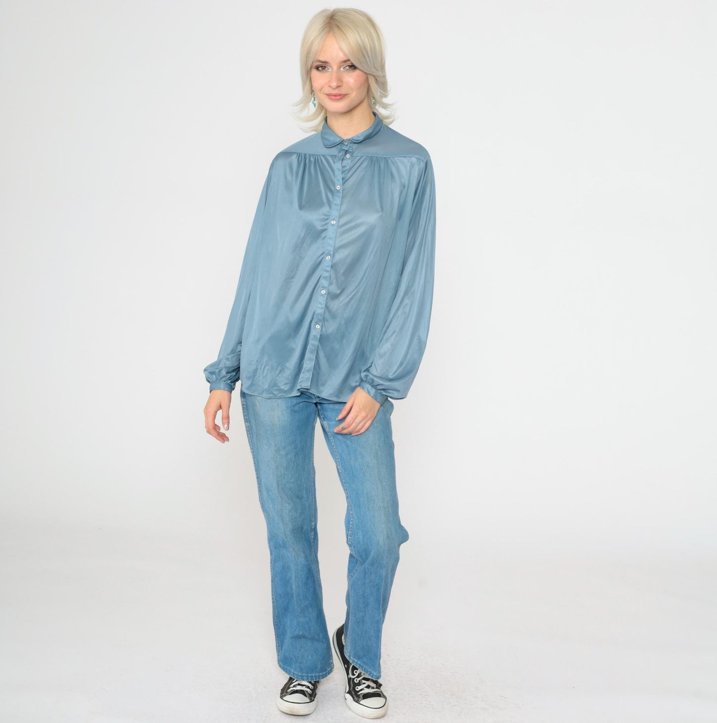 70s Blue Peter Pan Collar Button-Up Blouse Long Sleeve Large L