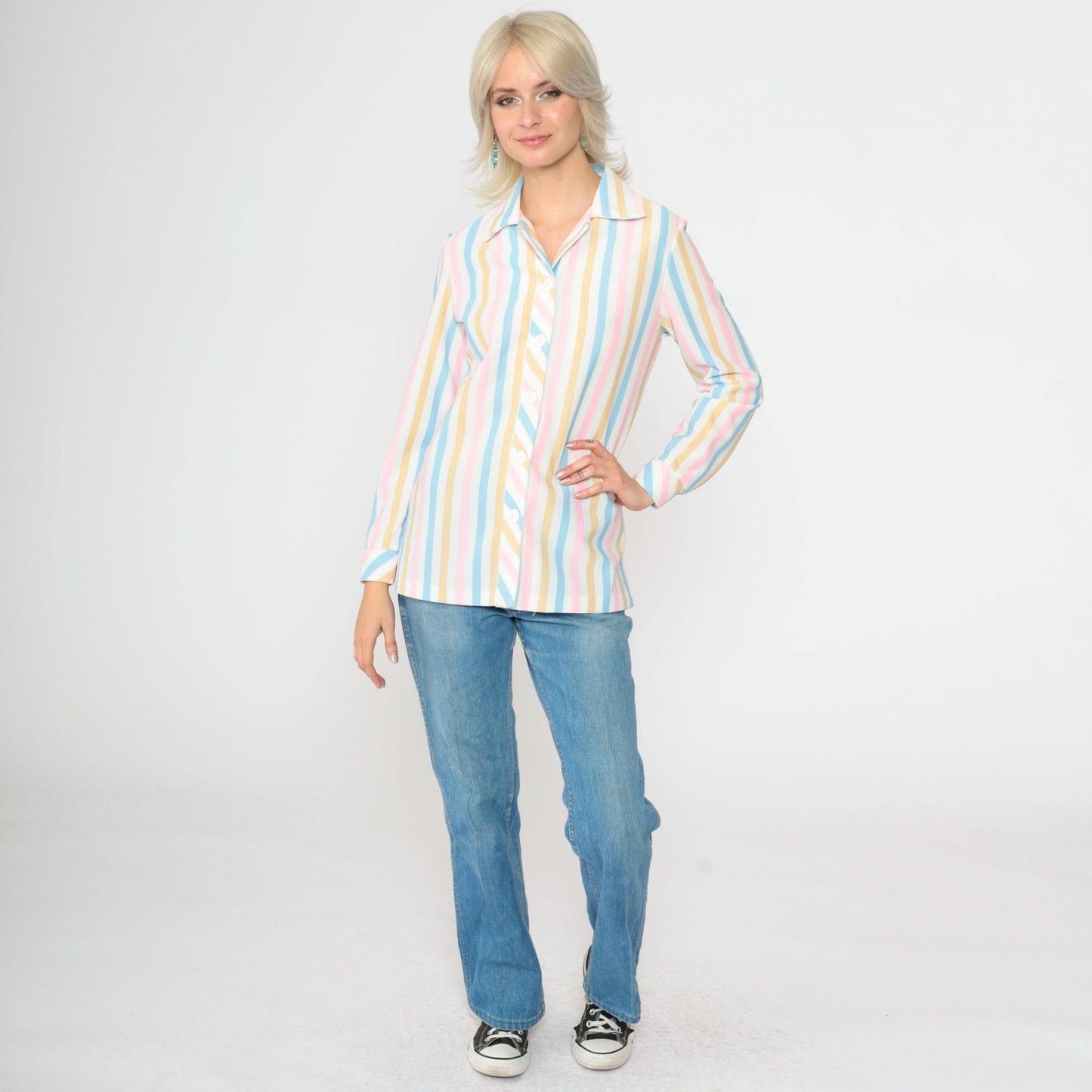 70s Pastel Striped Button-Up Blouse White Pink Blue Long Sleeve Small