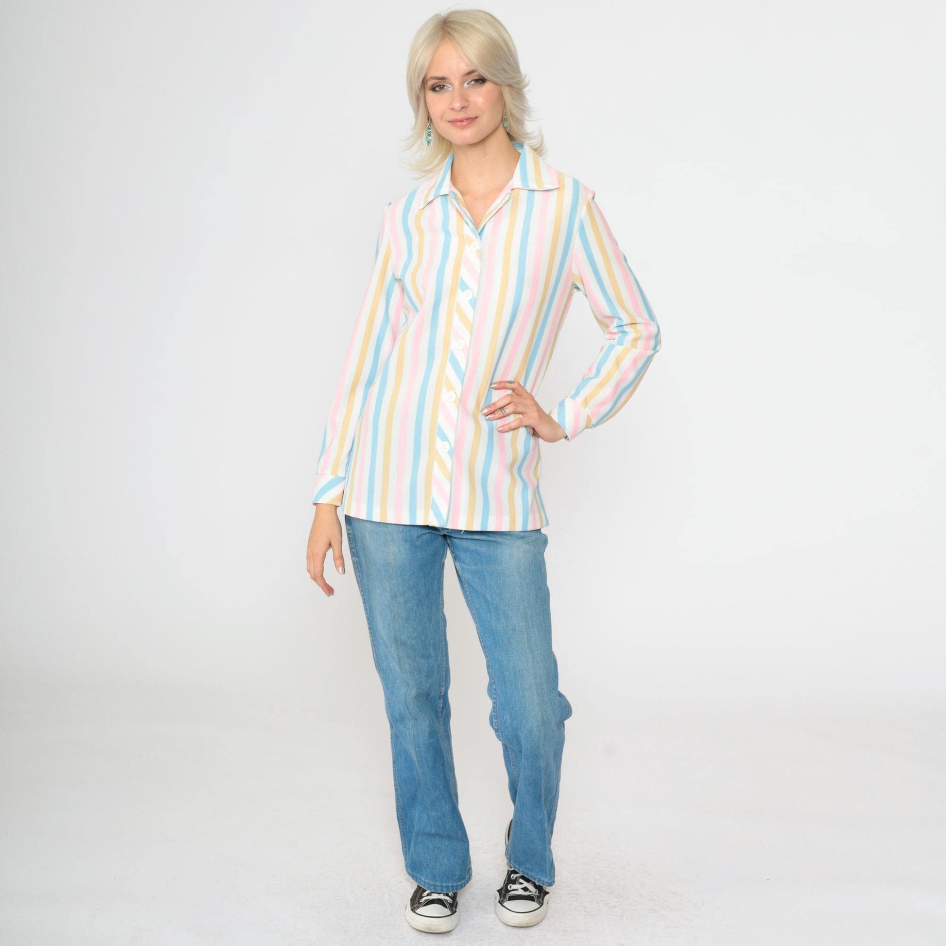 70s Pastel Striped Button-Up Blouse White Pink Blue Long Sleeve Small