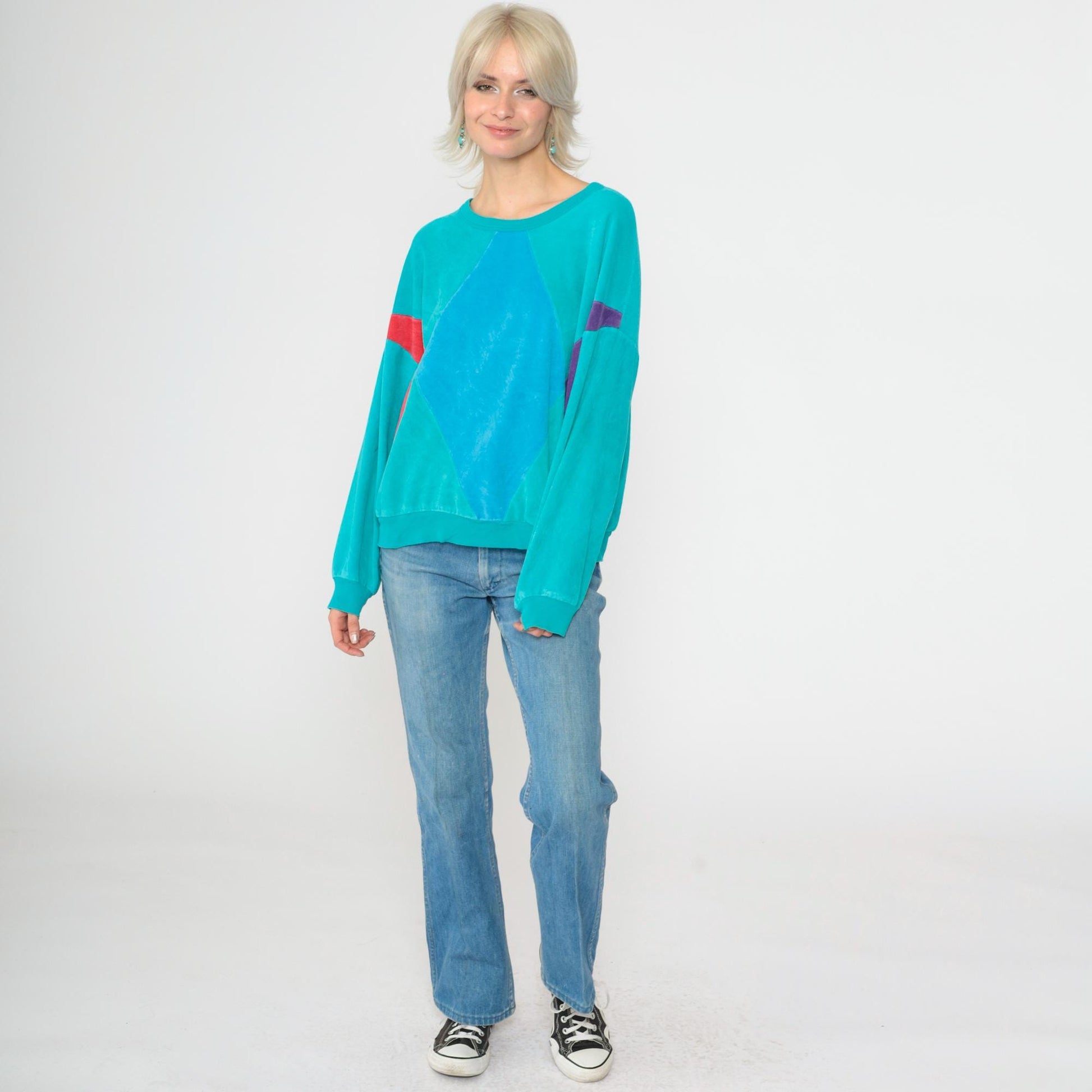 80s Turquoise Velour Sweatshirt Color Block Diamond Crewneck Large L
