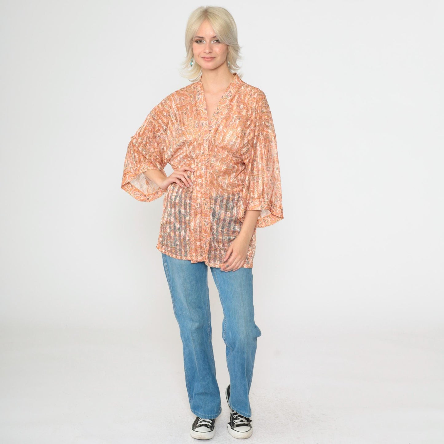 70s Paisley Kimono Jacket Peach Gold Sheer Wide Sleeve Open Front Medium Large