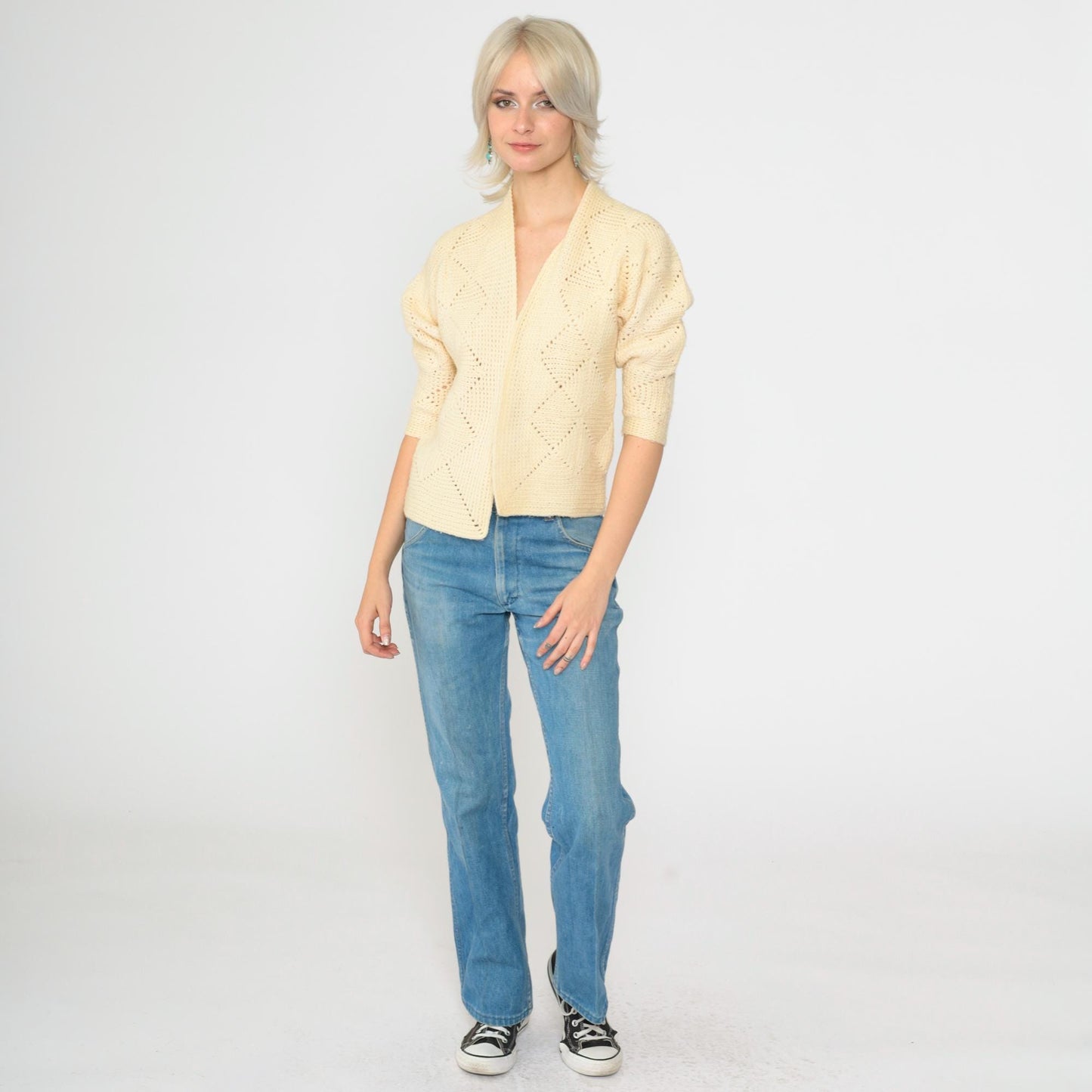 70s Cream Open Knit Cardigan Cropped Dolman Sleeve Geometric Textured Extra Small