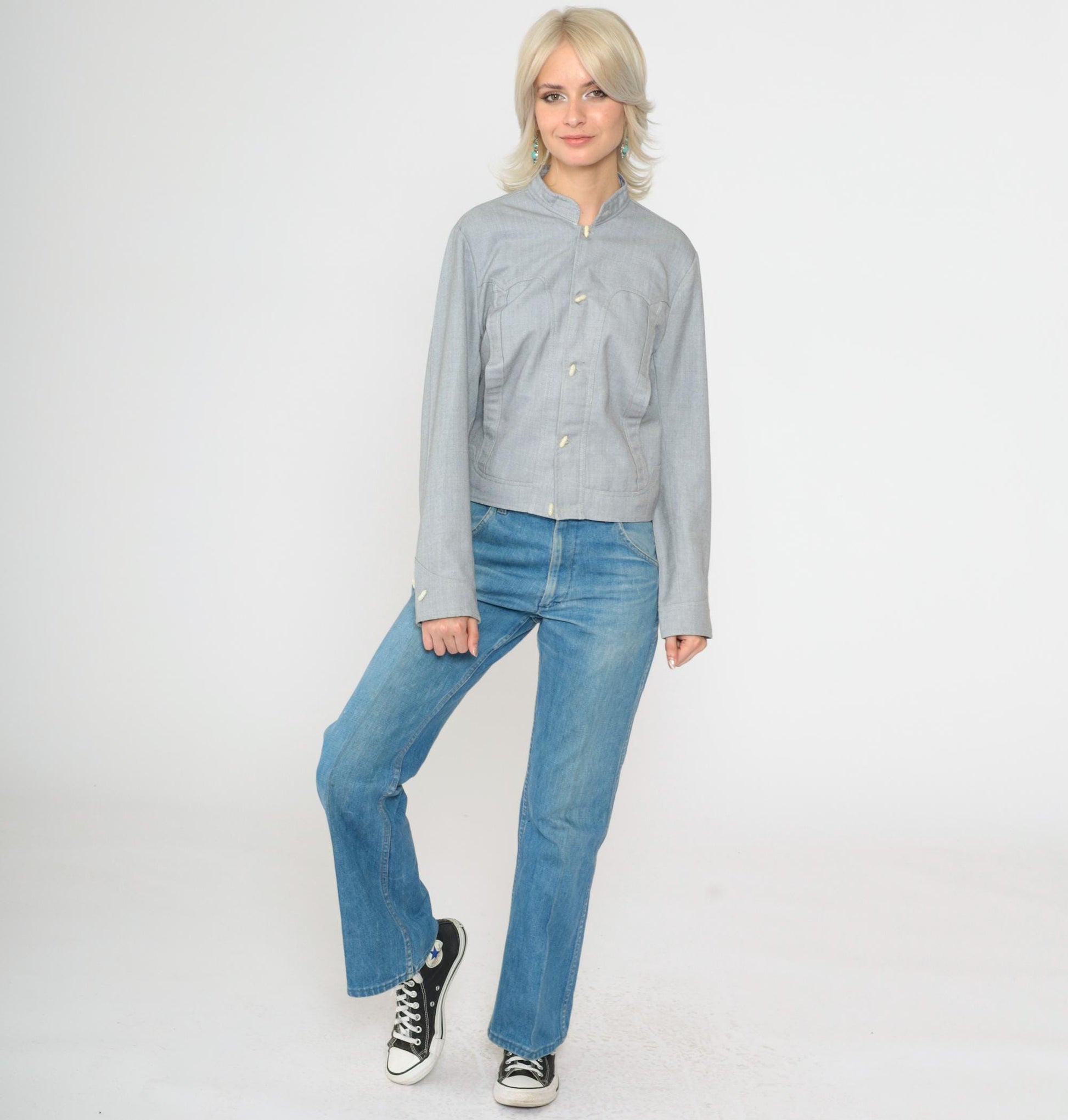 70s Western Jacket Grey Cotton Blend Toggle Button Mandarin Collar Small