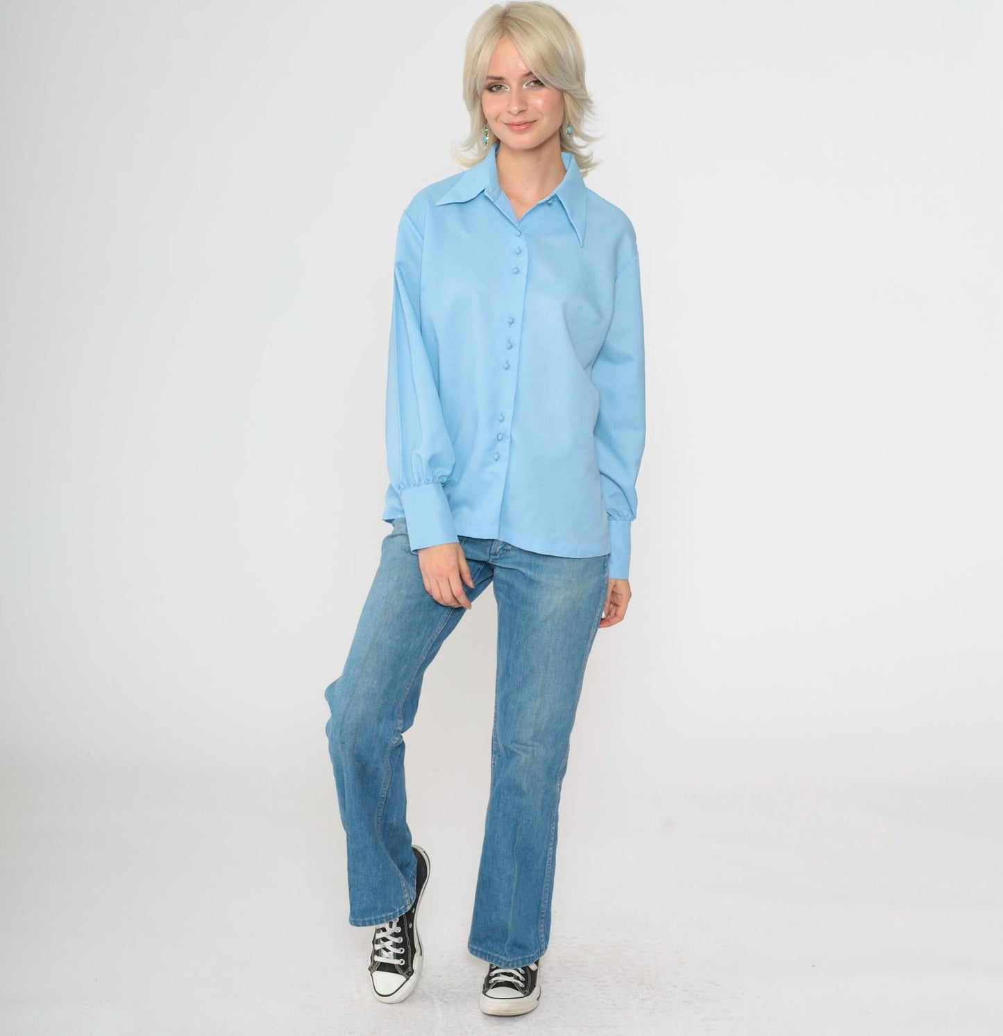 70s Baby Blue Button-Up Blouse Dagger Collar Long Sleeve Small