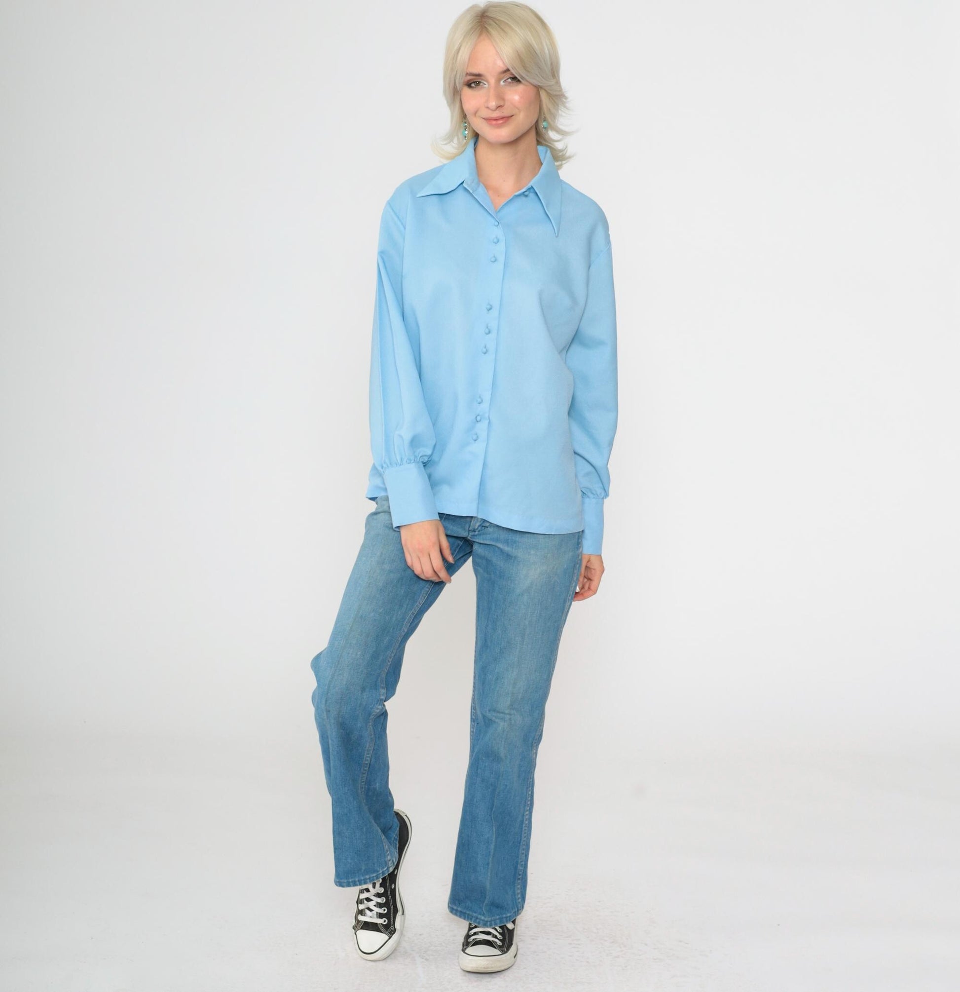 70s Baby Blue Button-Up Blouse Dagger Collar Long Sleeve Small