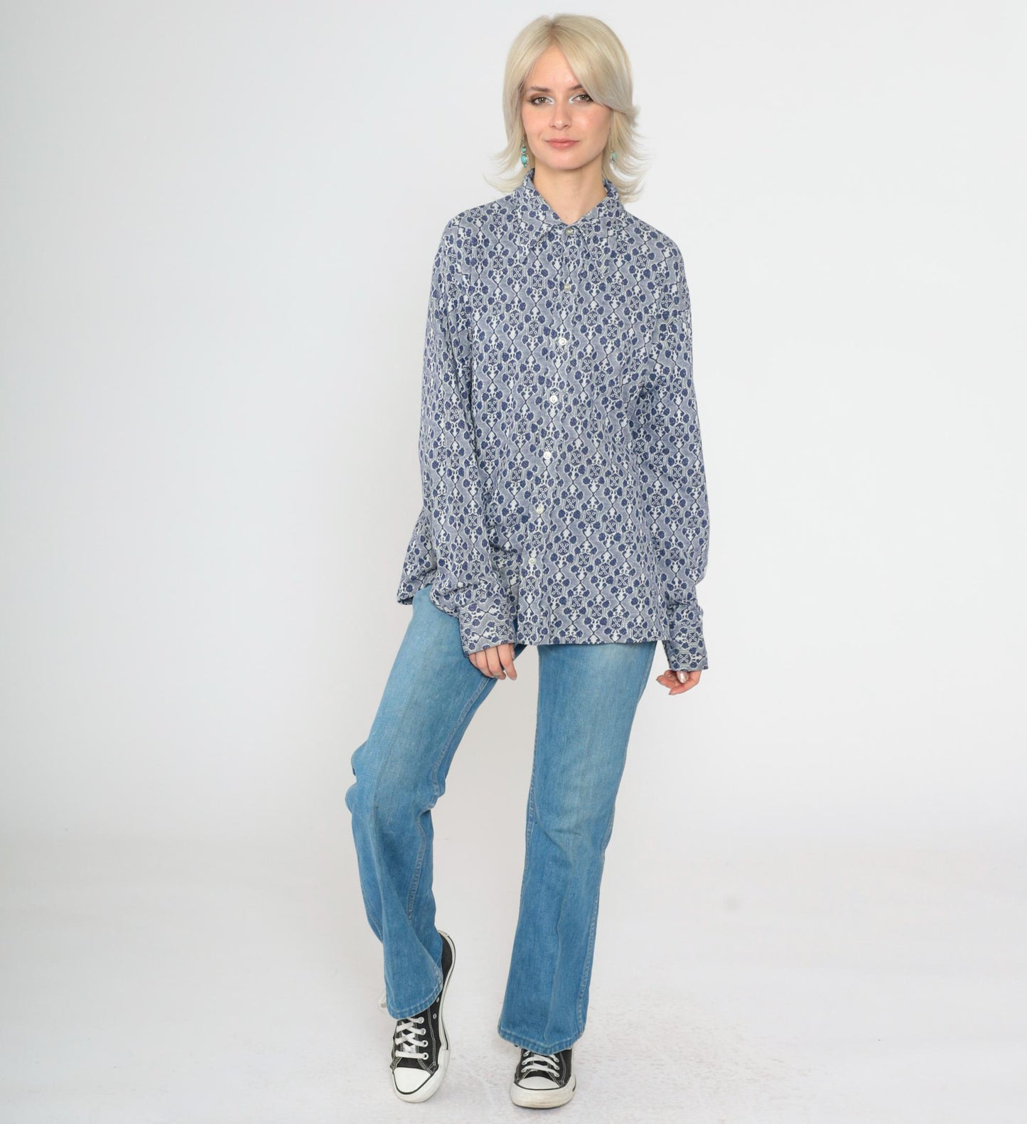 70s Van Heusen Jacquard Geometric Button Up Shirt Blue White Large