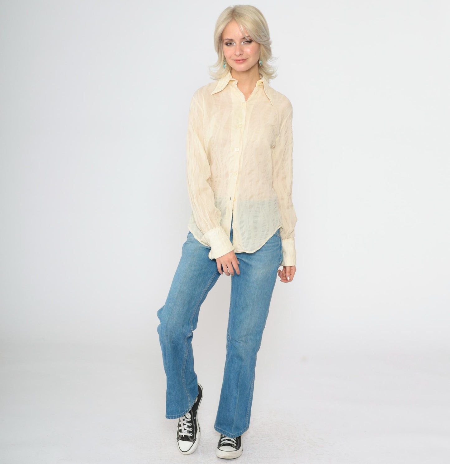 70s Morgan of London Cream Striped Dagger Collar Blouse Long Sleeve Small