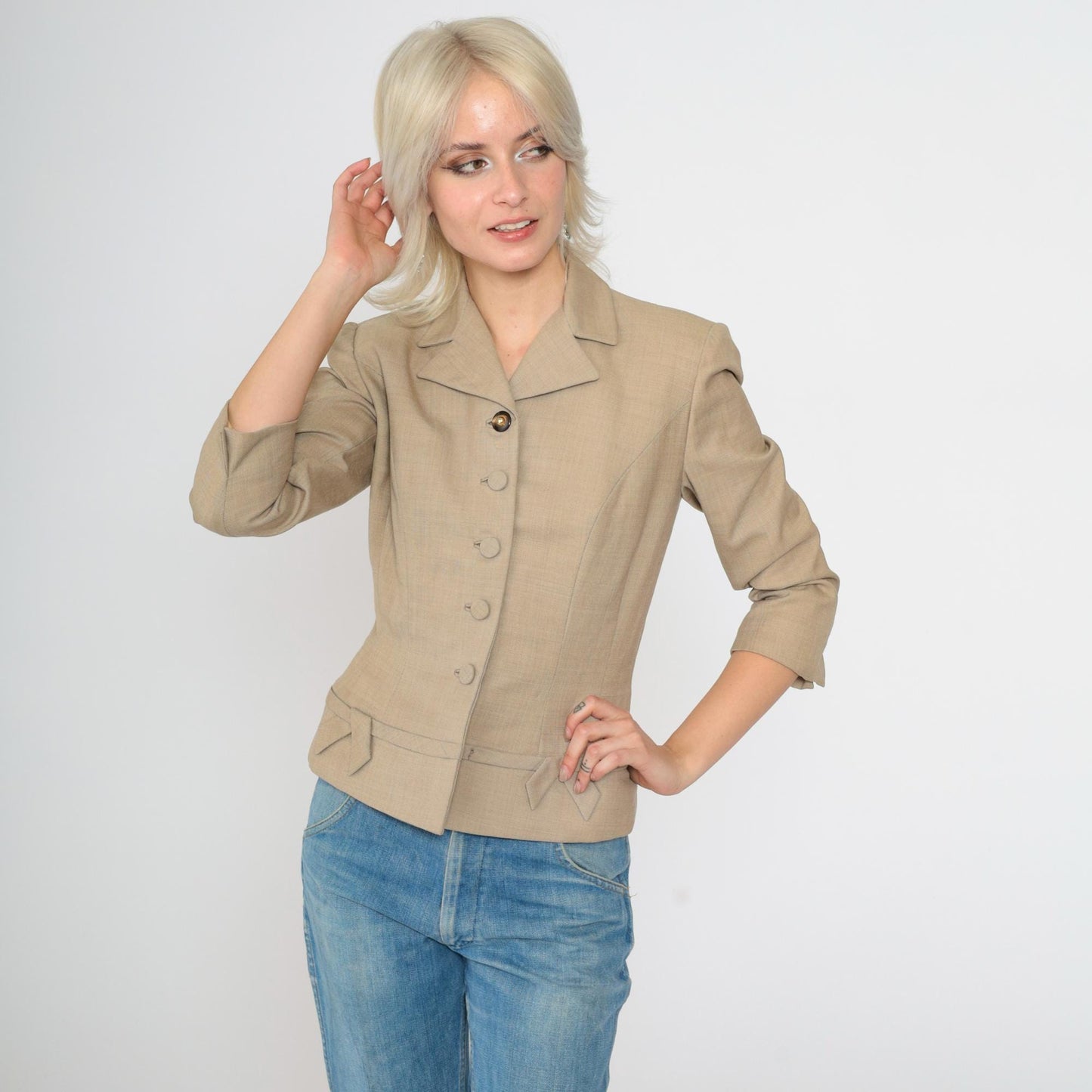 1950s Tan Wool Blend Fitted Blazer Cropped Waist 3/4 Sleeve Button Up Extra Small XS