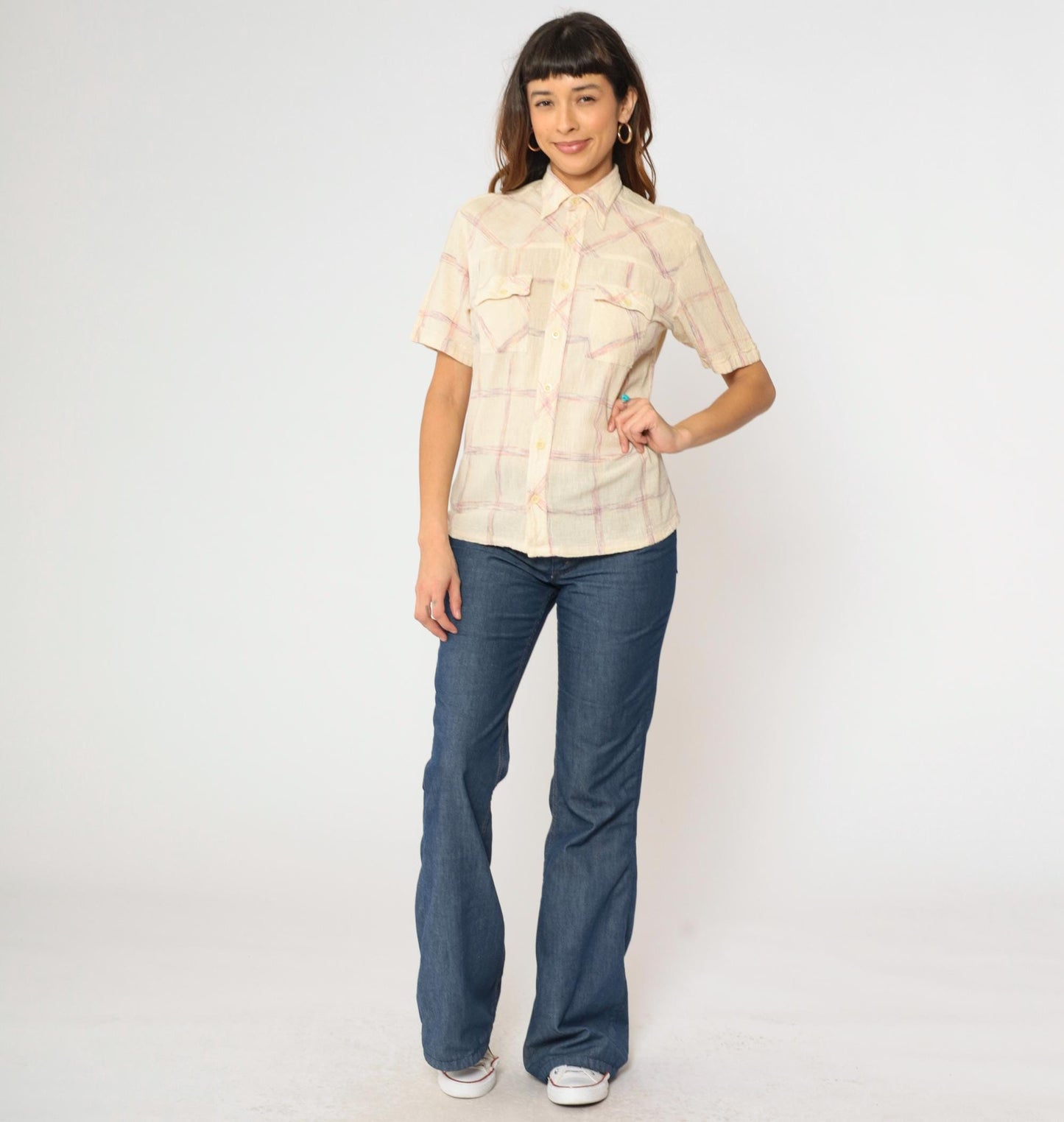 70s Trouper Gauze Plaid Shirt Cream Pointed Collar Button Up Medium