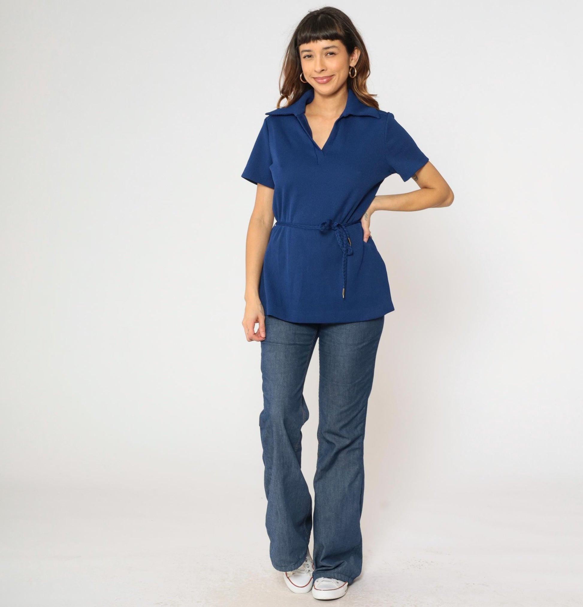 70s Dark Blue Ribbed Knit Johnny Collar Blouse Short Sleeve Large L