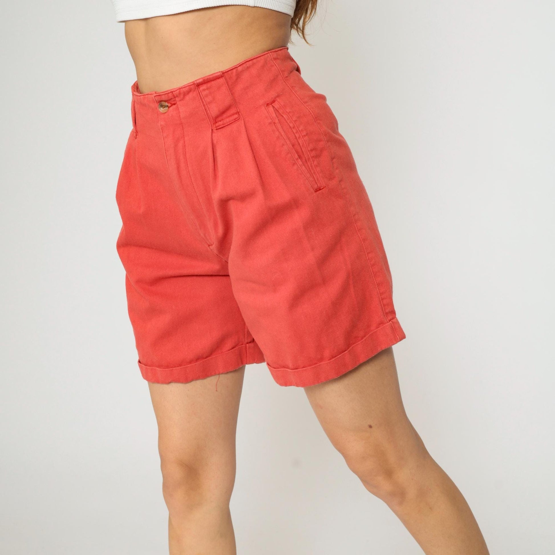 80s Points West Red Cotton Pleated Shorts High Waist Cuffed Small