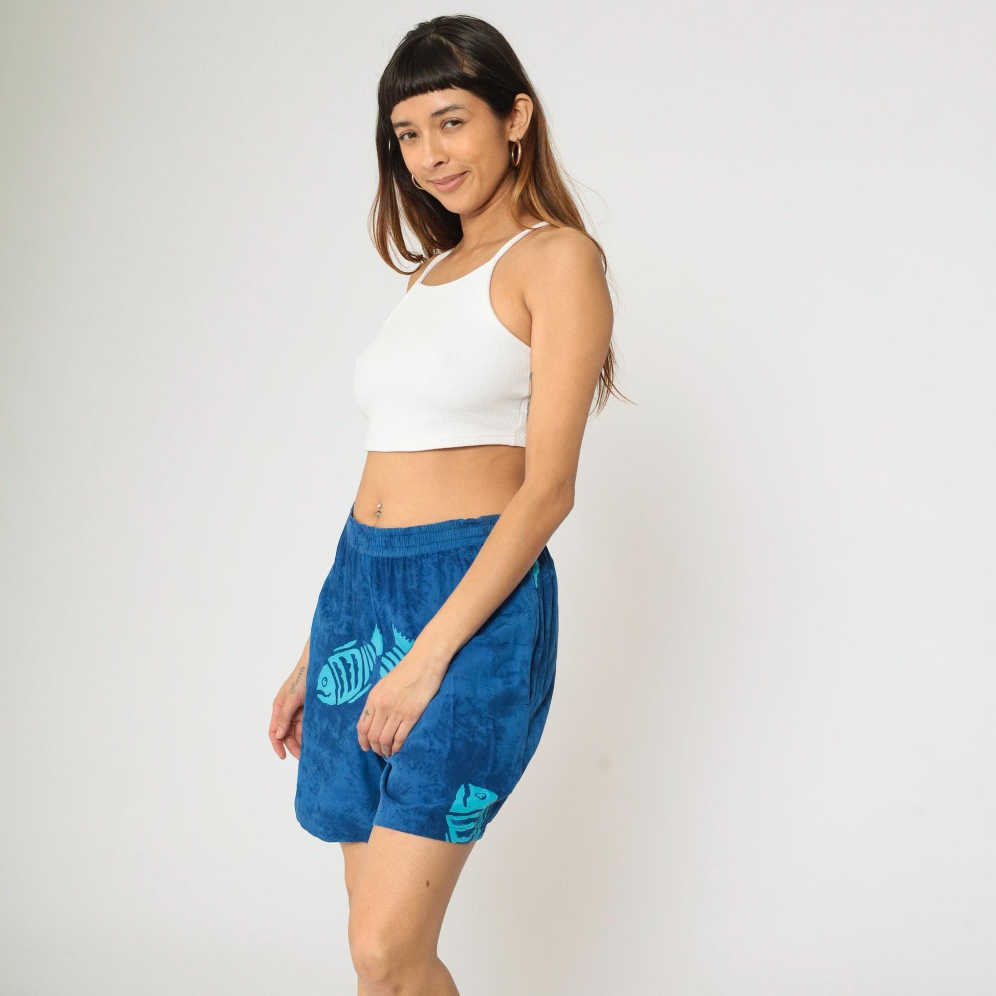 Y2K Blue Tie Dye Fish Print Shorts Elastic Waist Rayon Medium M