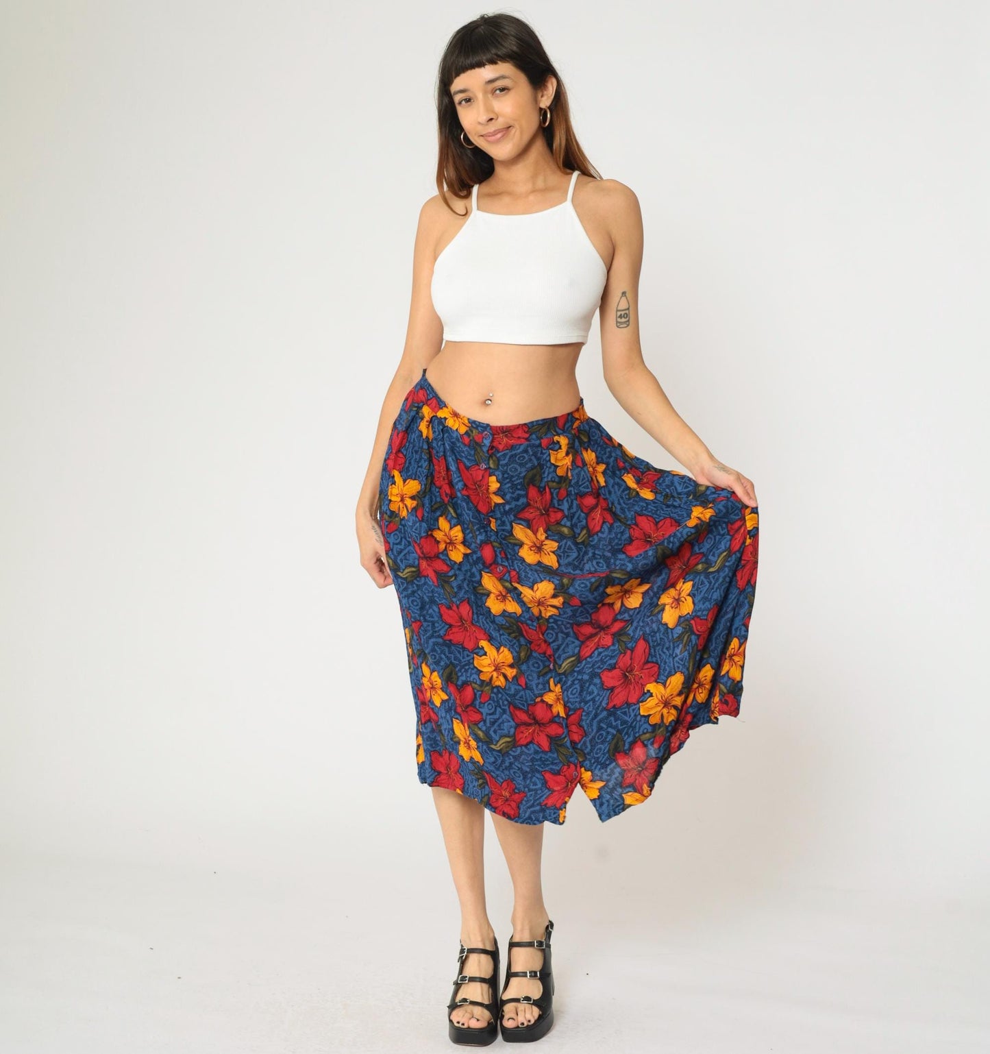90s Maggie Lawrence Tropical Floral Midi Skirt High Waist Button Up Large L