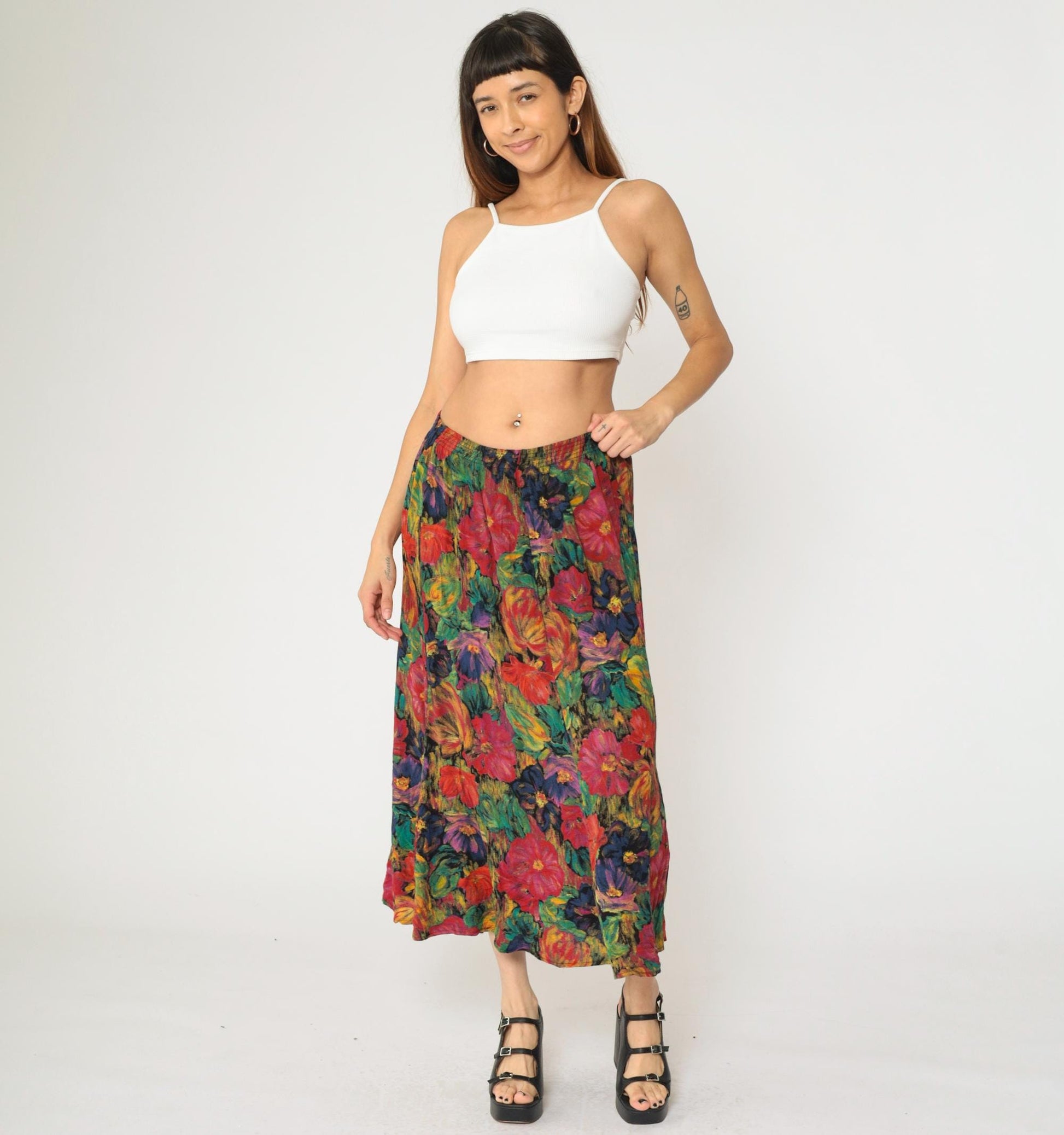 90s Floral Midi Skirt Watercolor Print High Elastic Waist Multicolor Large