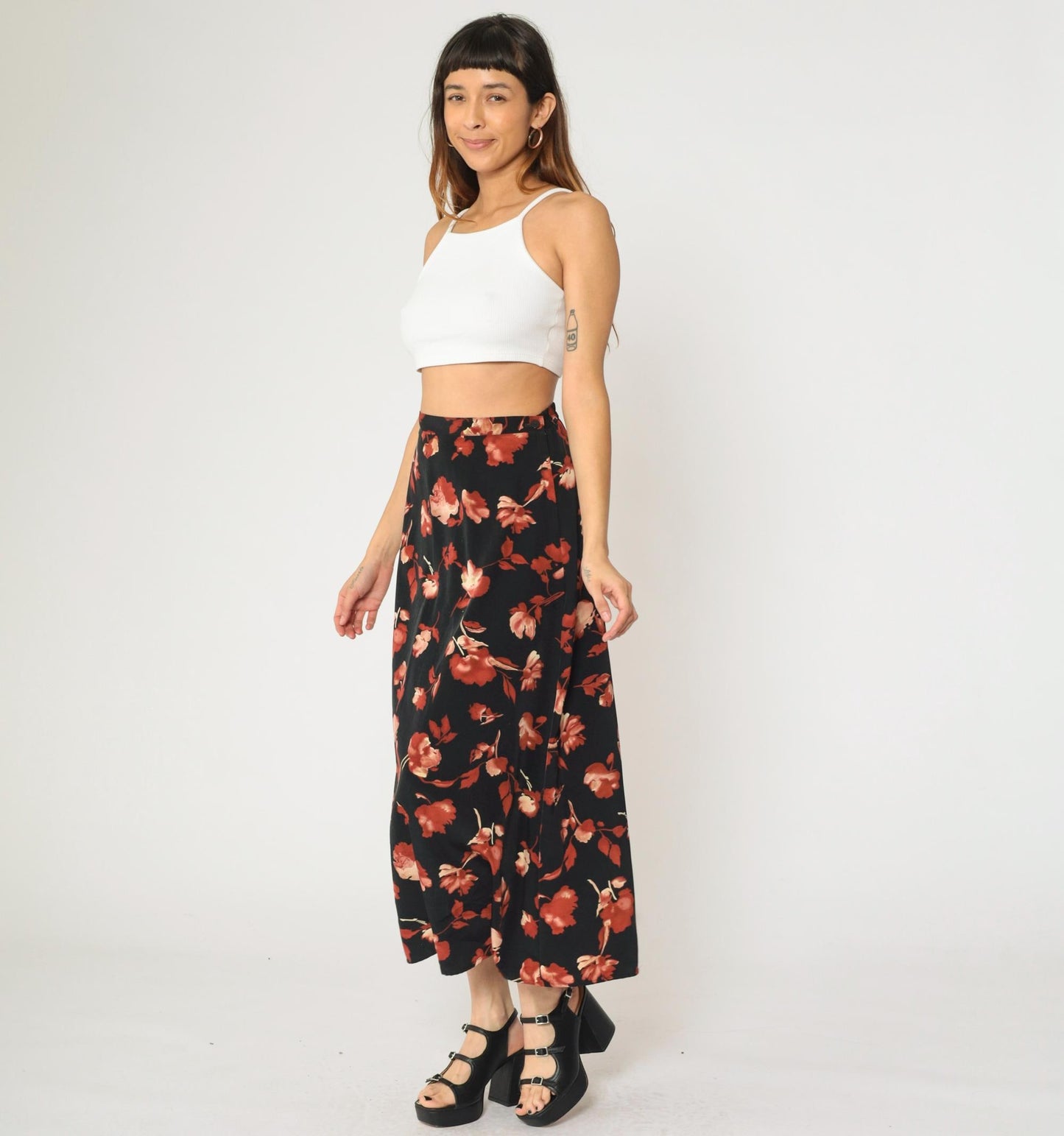 90s Black Floral A-Line Maxi Skirt High Waisted Rust Orange Small