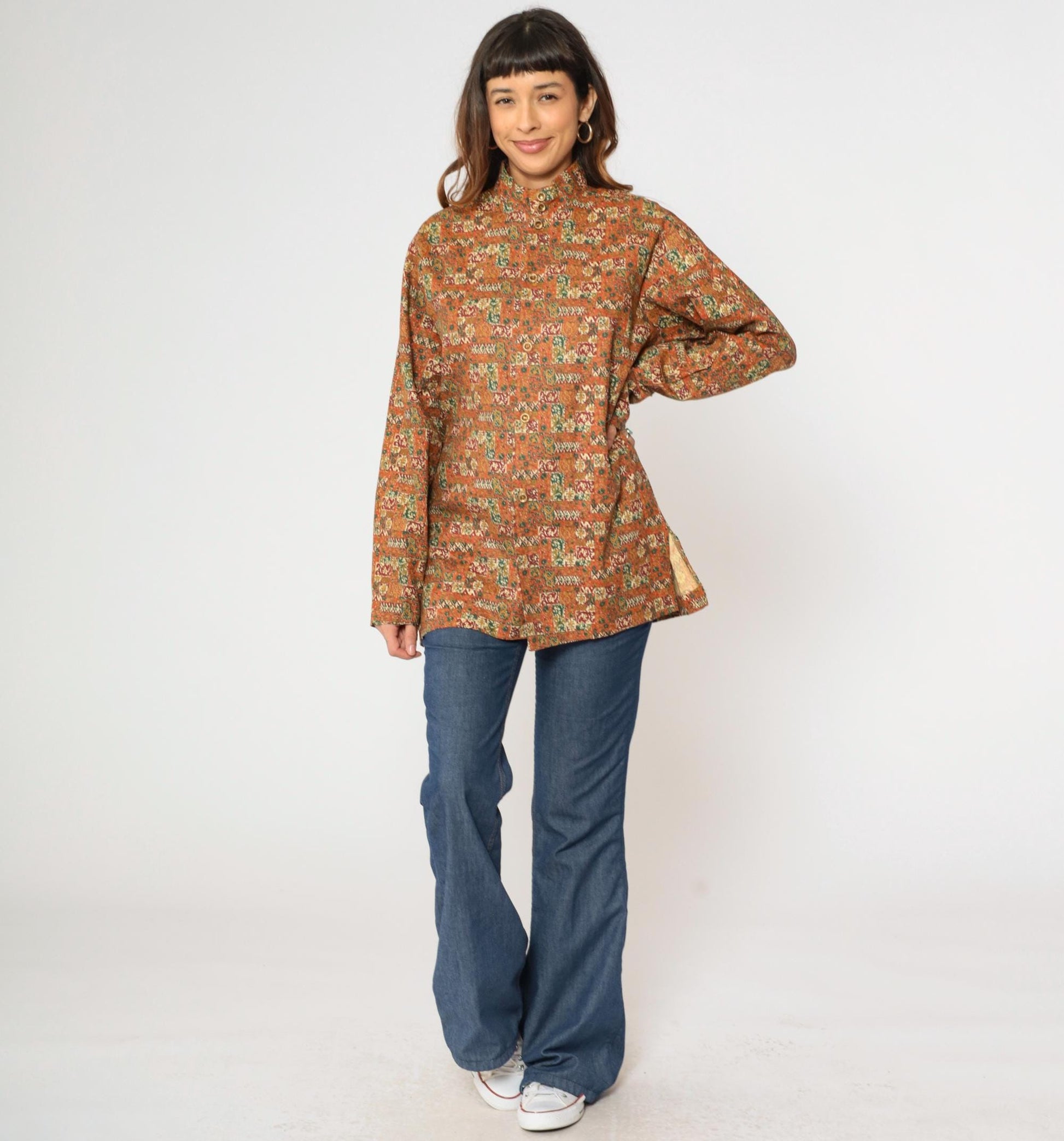 70s Patchwork Floral Stand Collar Tunic Shirt Orange Button Up Medium