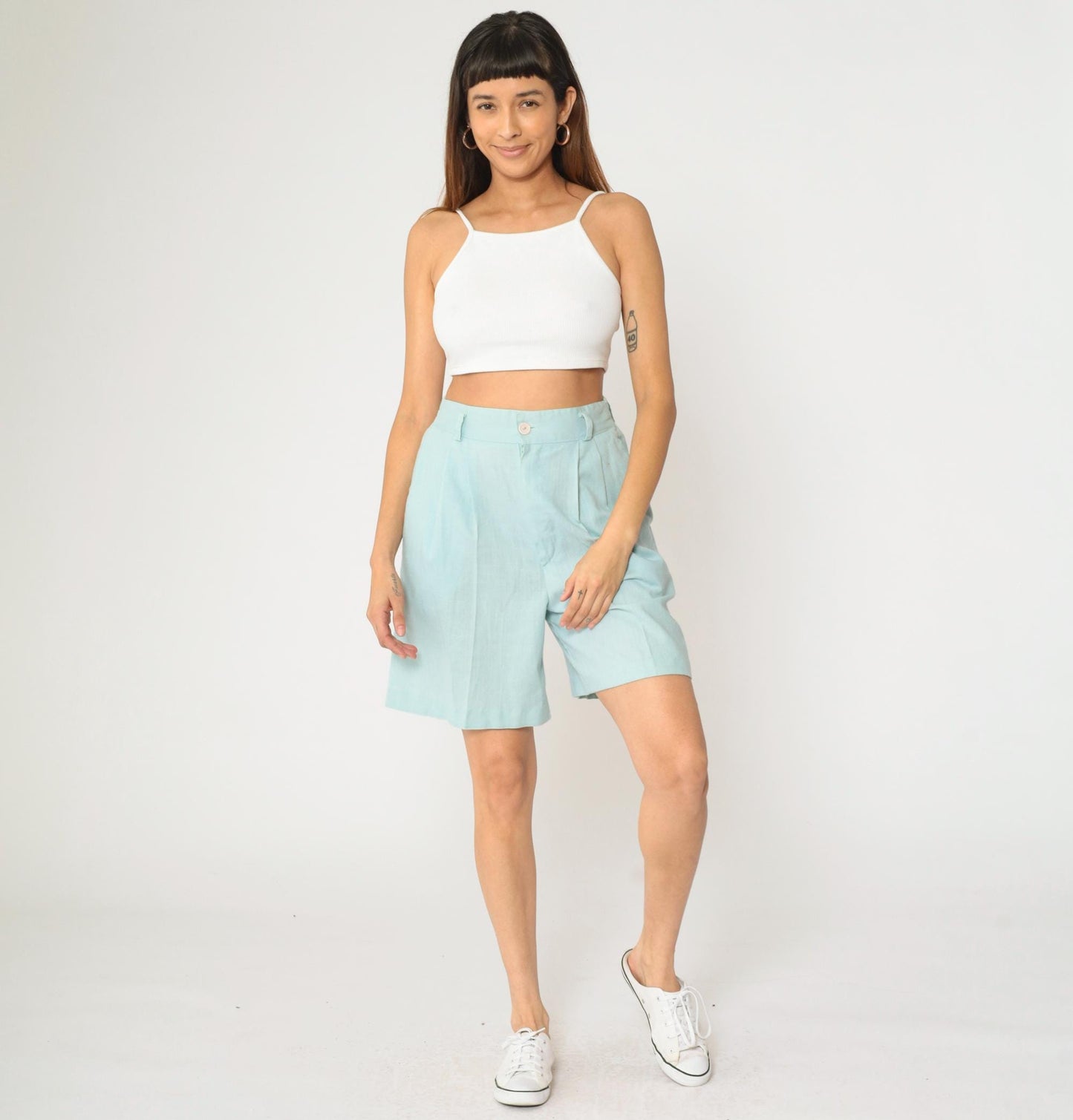 80s Light Blue Pleated High-Waist Shorts Linen Blend Wide Leg Small