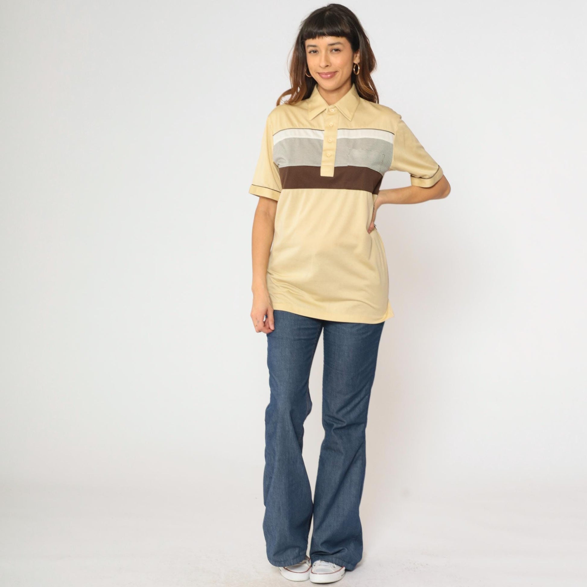 80s Anthony's Cream Striped Polo Shirt Brown White Collared Medium