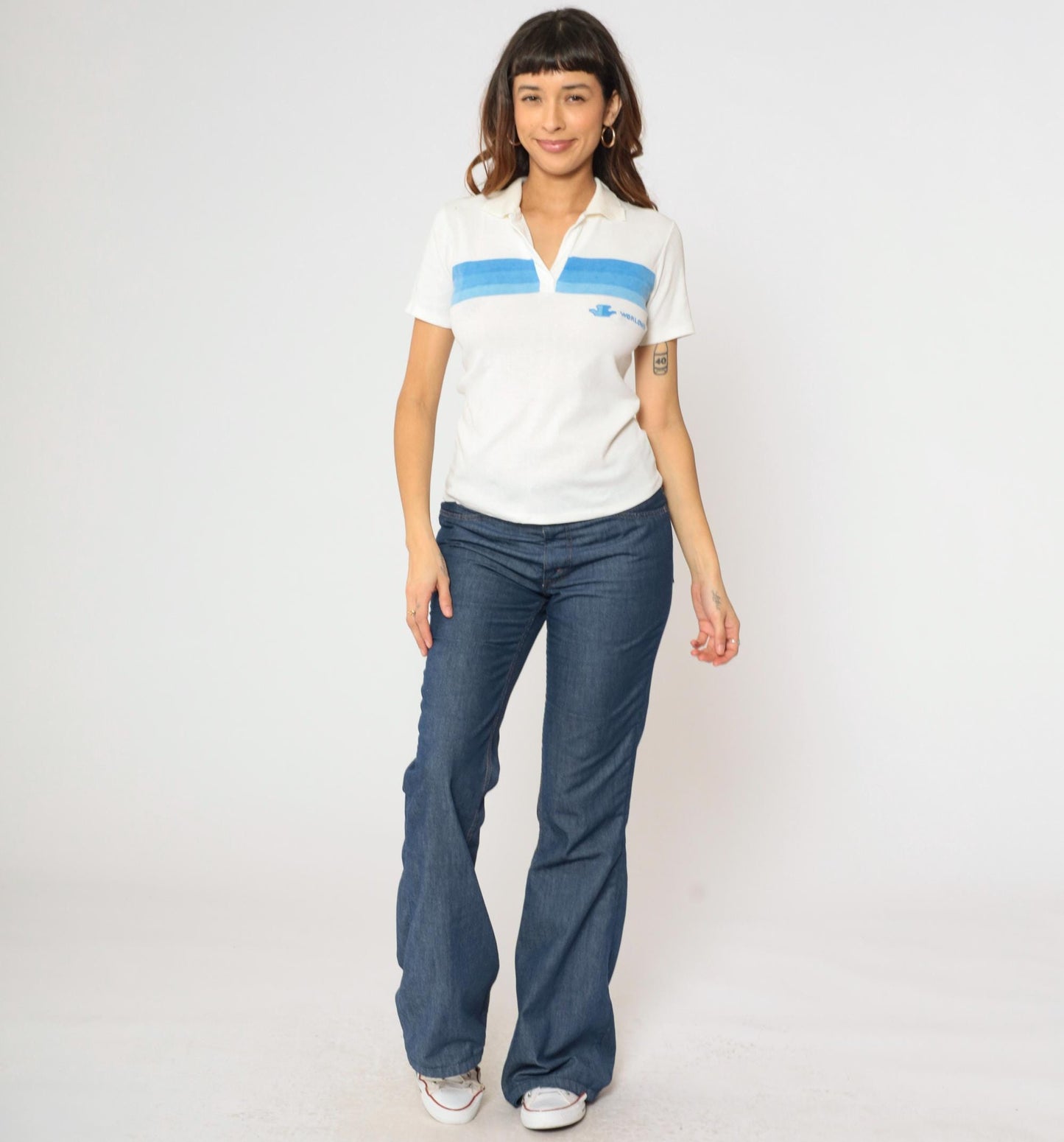 80s Worlowin Gradient Striped Polo Shirt White Blue Johnny Collar Small S