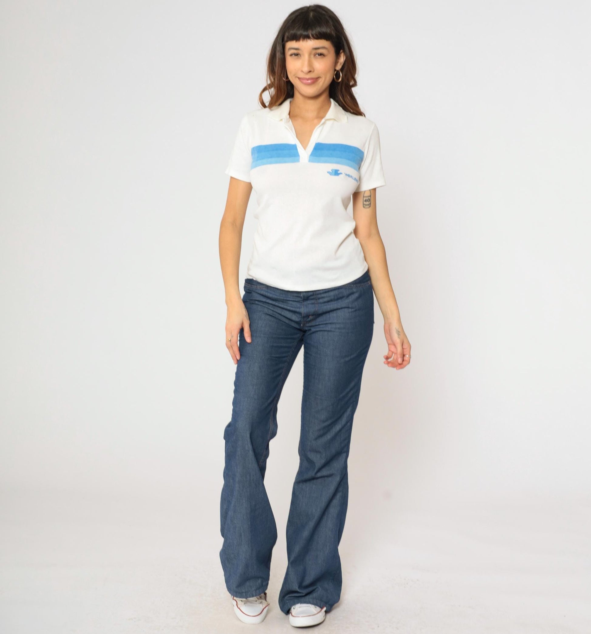 80s Worlowin Gradient Striped Polo Shirt White Blue Johnny Collar Small S