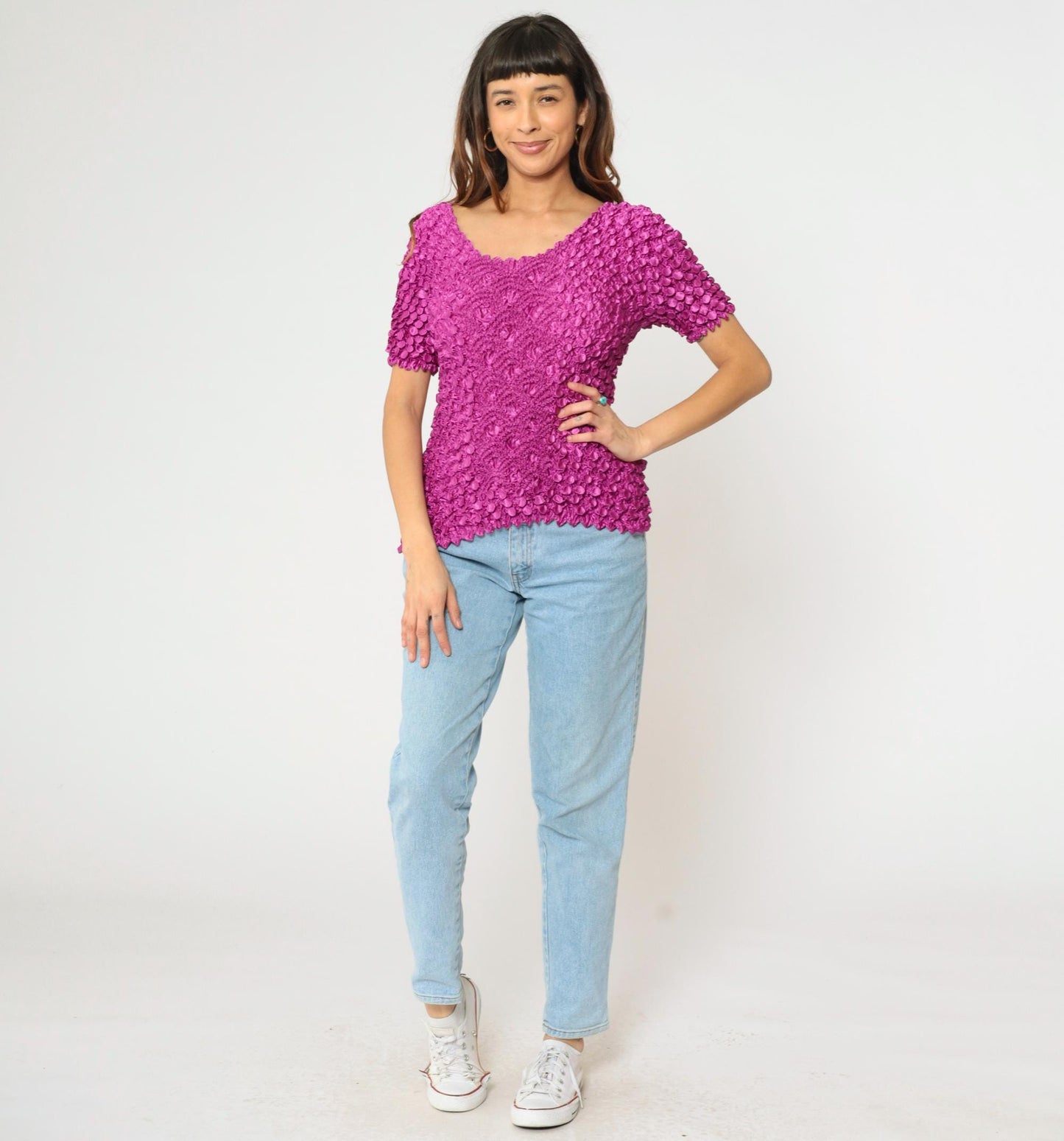 Y2K Magenta Popcorn Textured Short Sleeve Top One Size