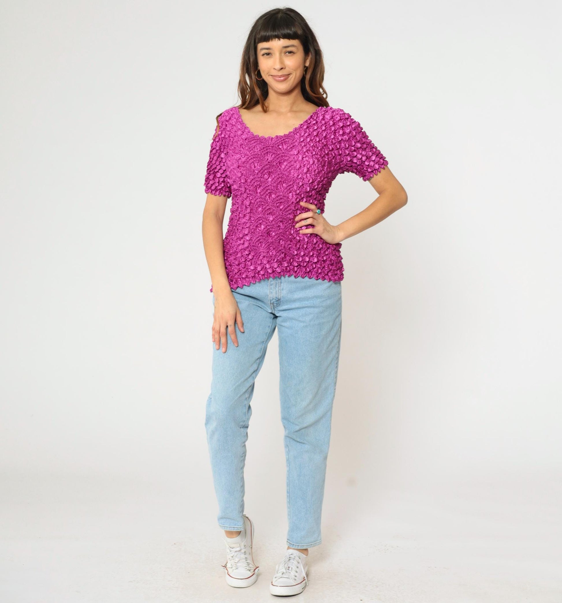Y2K Magenta Popcorn Textured Short Sleeve Top One Size