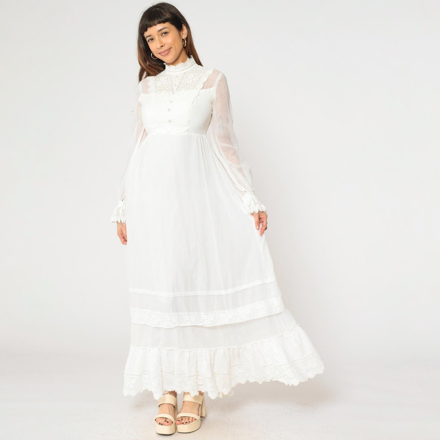 70s White Lace Wedding Dress Victorian Illusion Neckline Maxi Gown Small