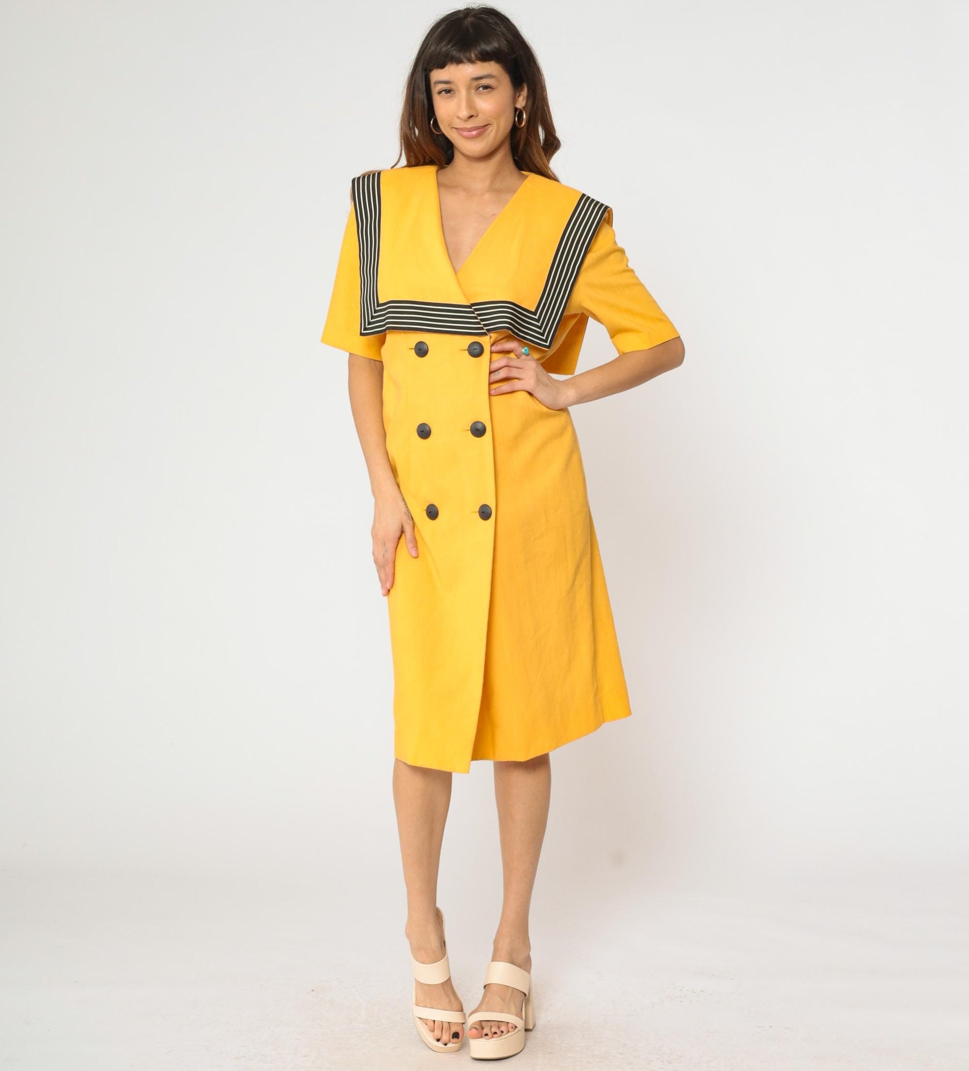80s Yellow Sailor Collar Midi Dress Double Breasted Black Striped Medium