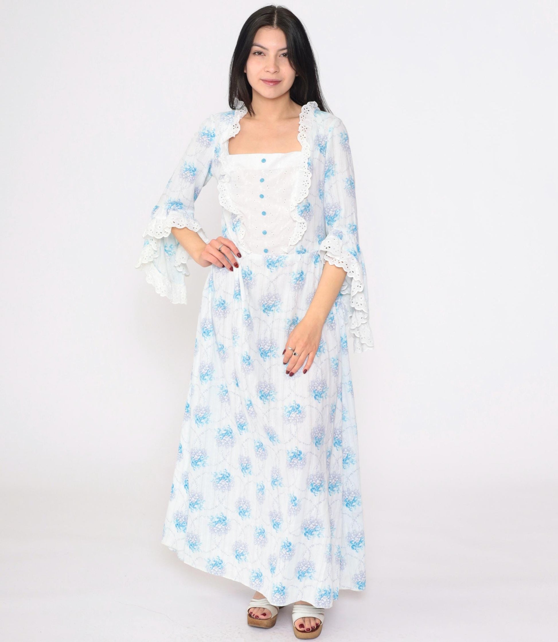 70s Floral Prairie Maxi Dress White Blue Bell Sleeve High Waist Lace Bib Medium Large