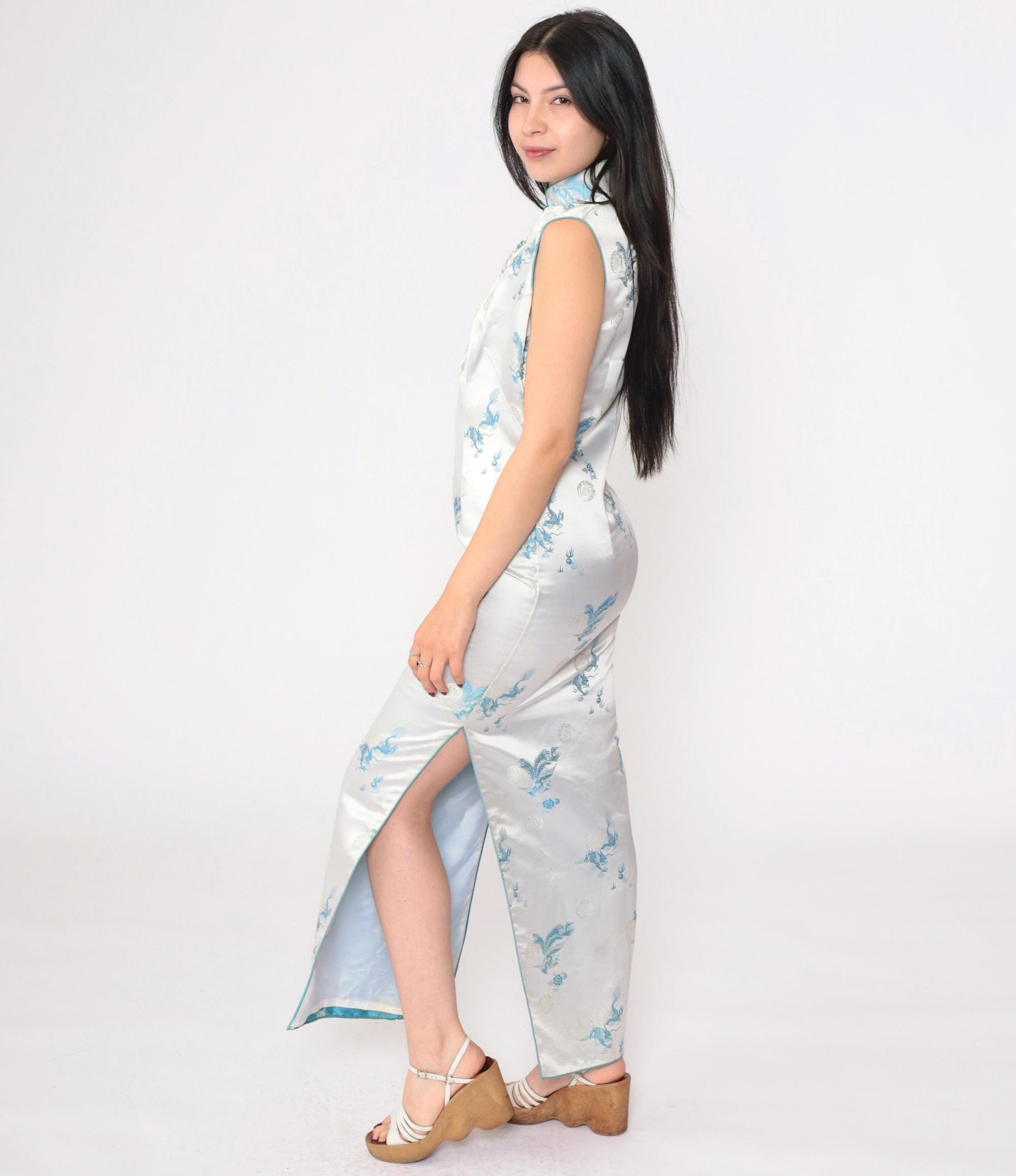80s Light Blue Satin Cheongsam Maxi Dress Dragon Peacock Brocade Mandarin Collar Small S