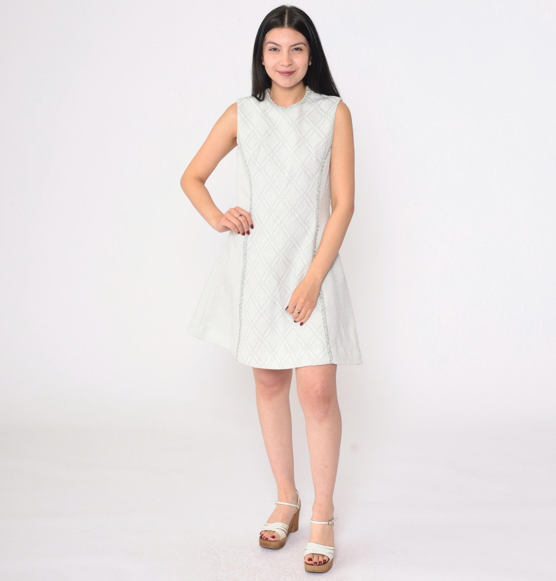 60s Vicky Vaughn Silver Checkered Mini Dress Sleeveless A-Line White Small