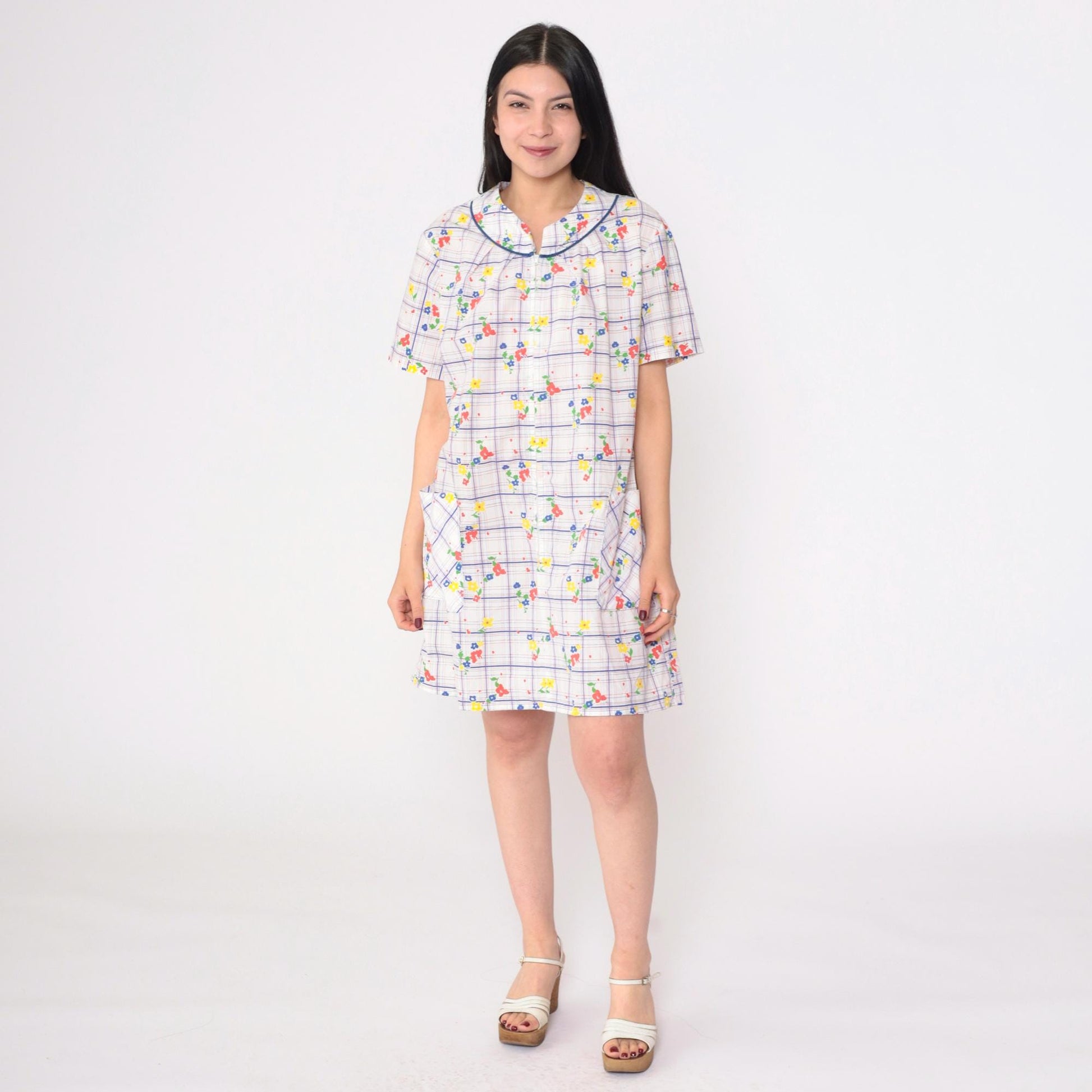 70s White Floral Shift Dress Mini Length Front Zip Pockets Large