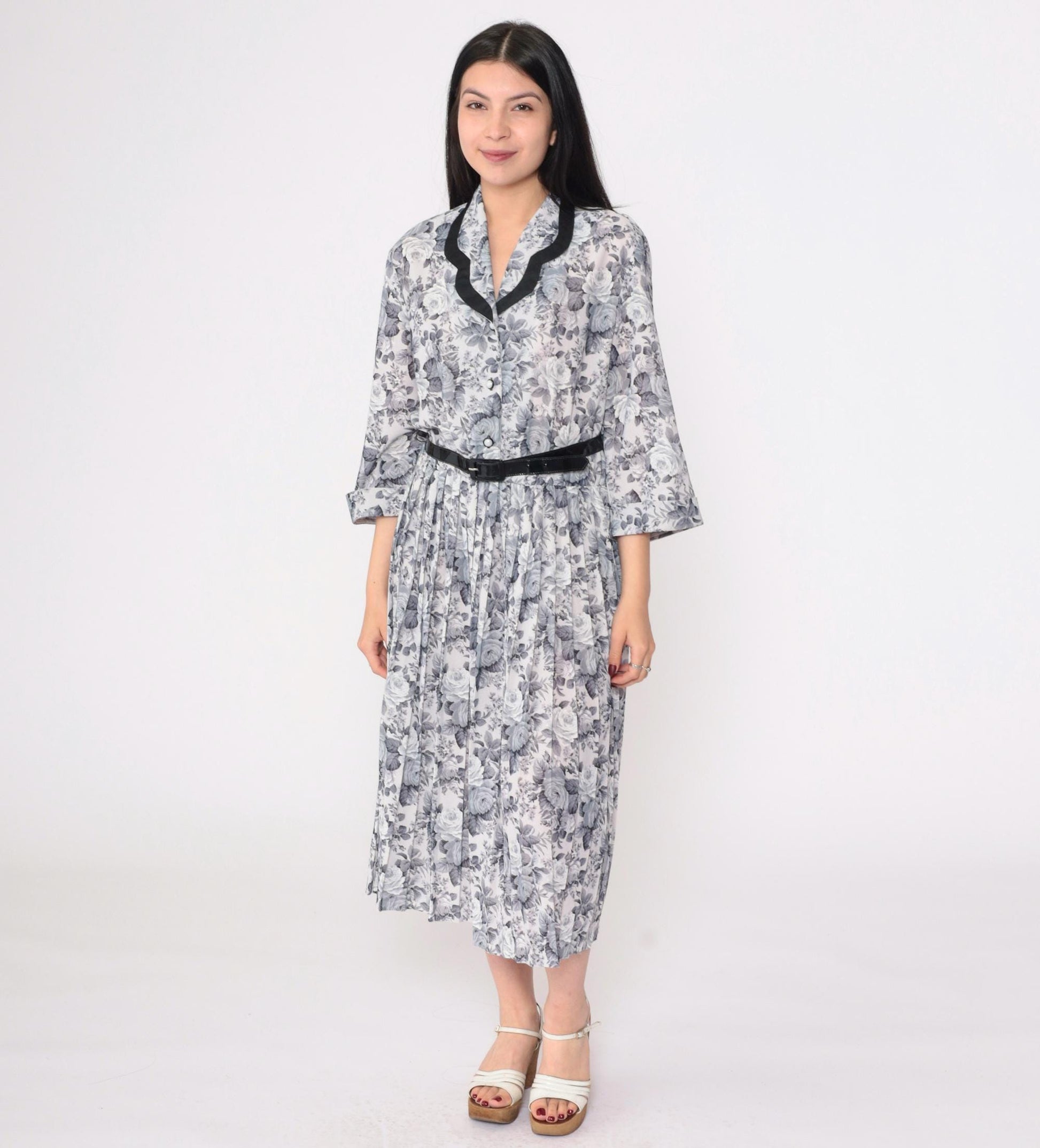 80s Grey Floral Midi Shirtdress Pleated High Waist Button Up 3/4 Sleeve Large