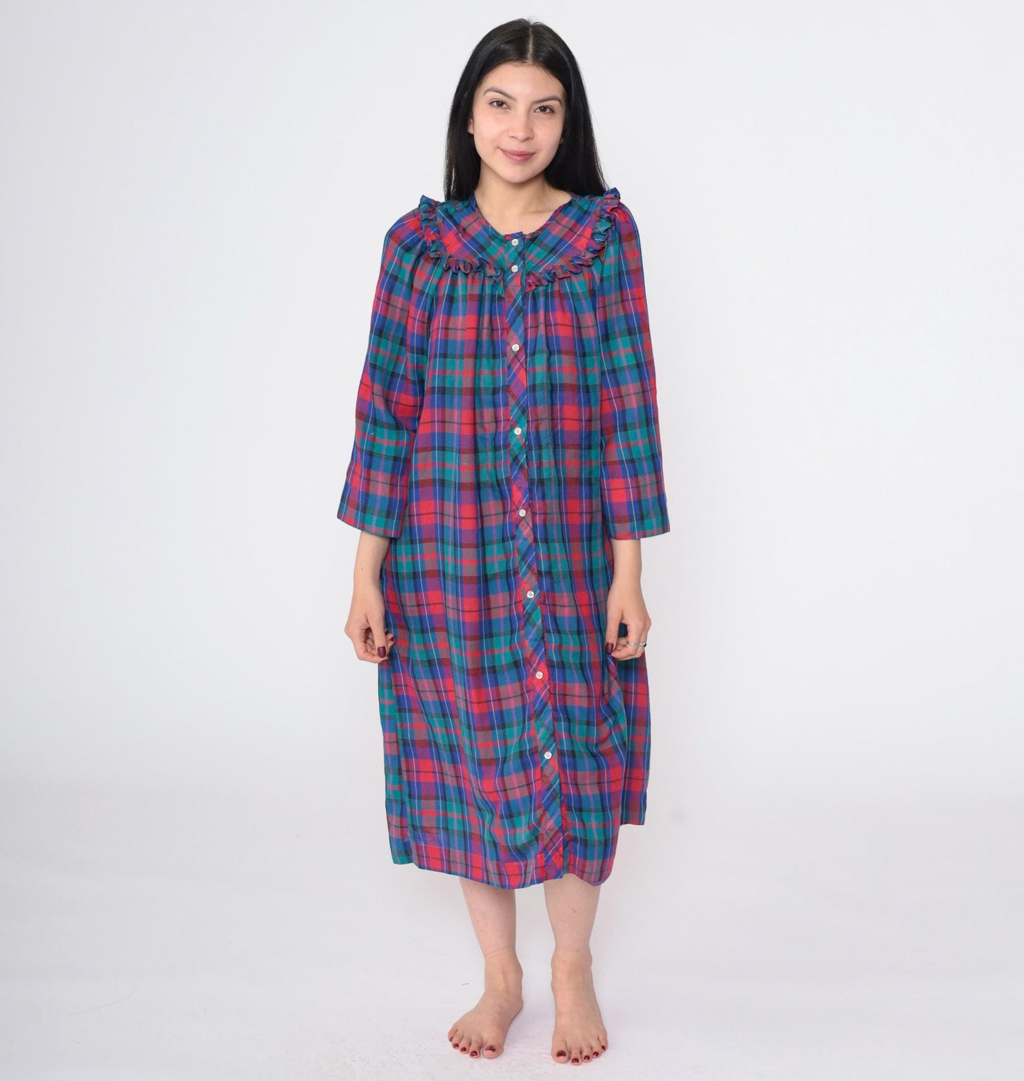 80s Plaid Button-Up Nightgown Red Blue Green Ruffled Yoke Long Sleeve Large