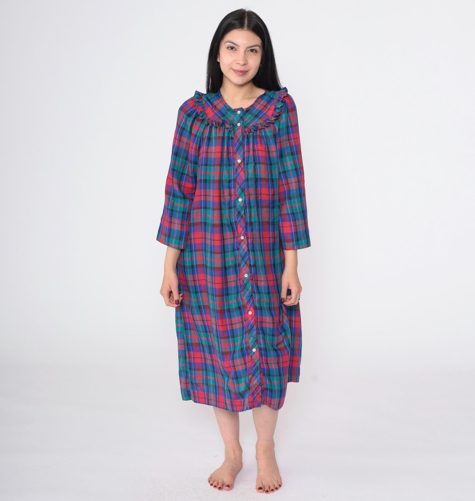 80s Plaid Button-Up Nightgown Red Blue Green Ruffled Yoke Long Sleeve Large