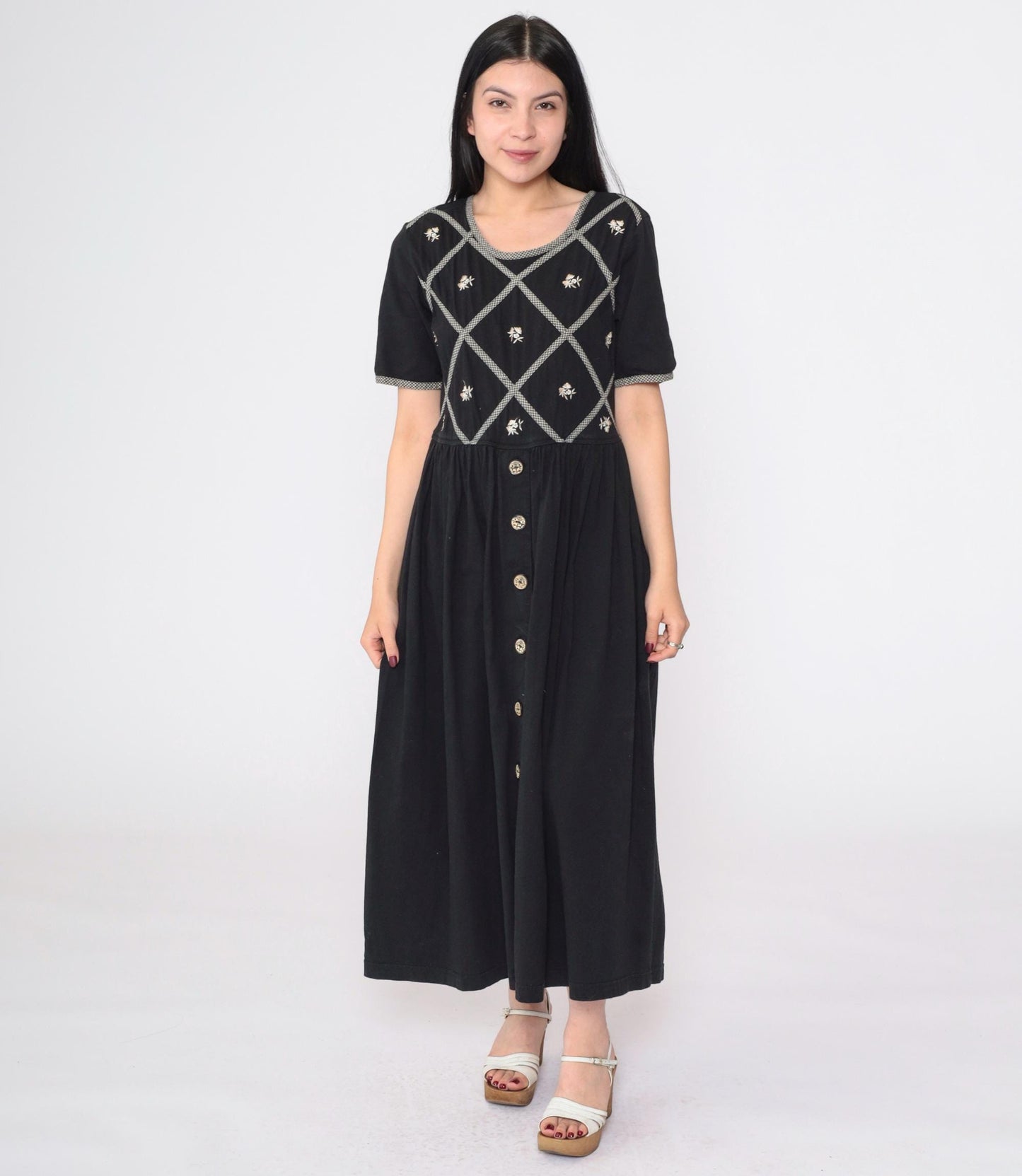 90s Black Floral Embroidered Cotton Maxi Dress Gingham Lattice Short Sleeve Small