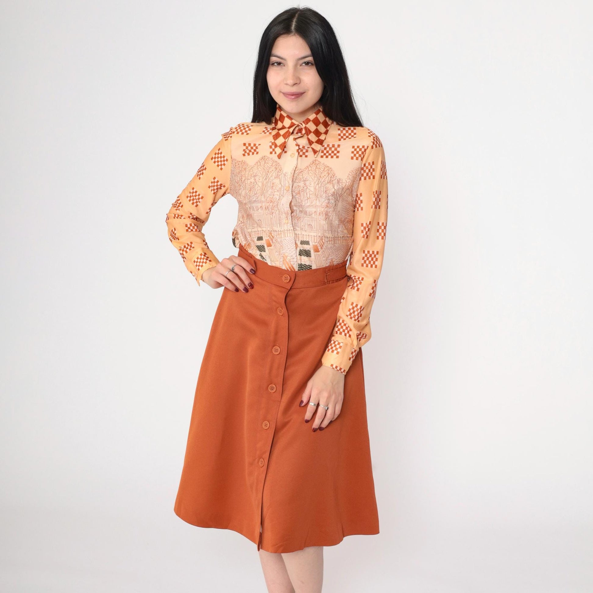 70s Bobbie Brooks Three-Piece Set Rust Brown Scenic Print Blouse Vest Midi Skirt Extra Small