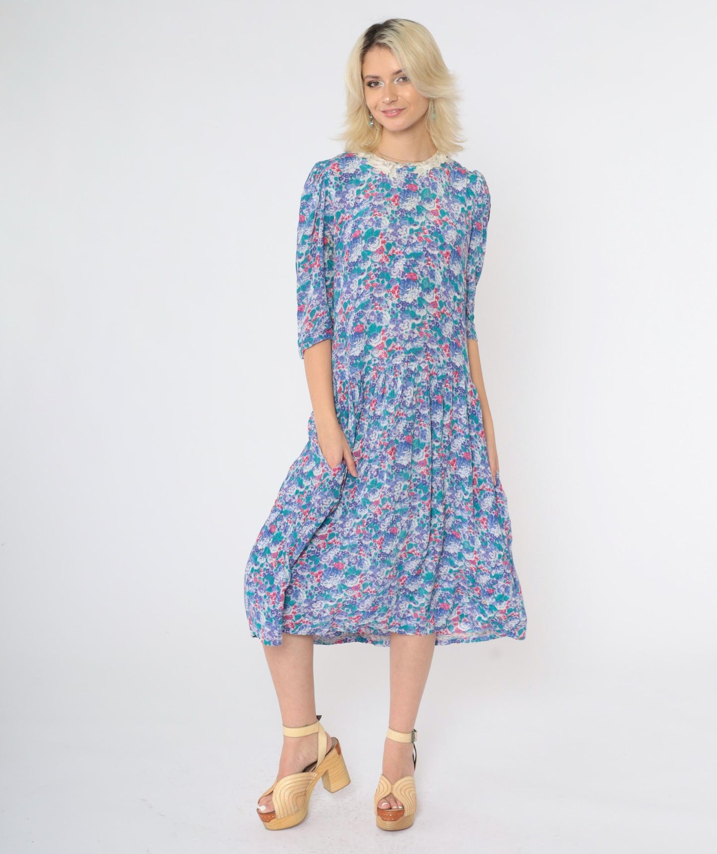 80s Floral Midi Dress Multicolor Puff Sleeve Lace Collar Drop Waist Medium