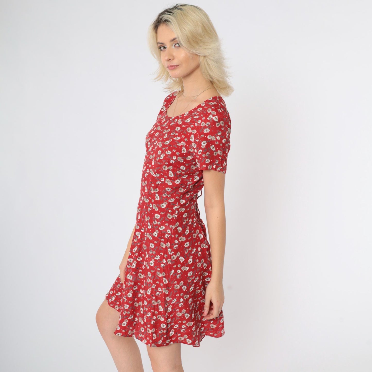 90s Rampage Red Floral Mini Dress Fit and Flare Scoop Neck Small