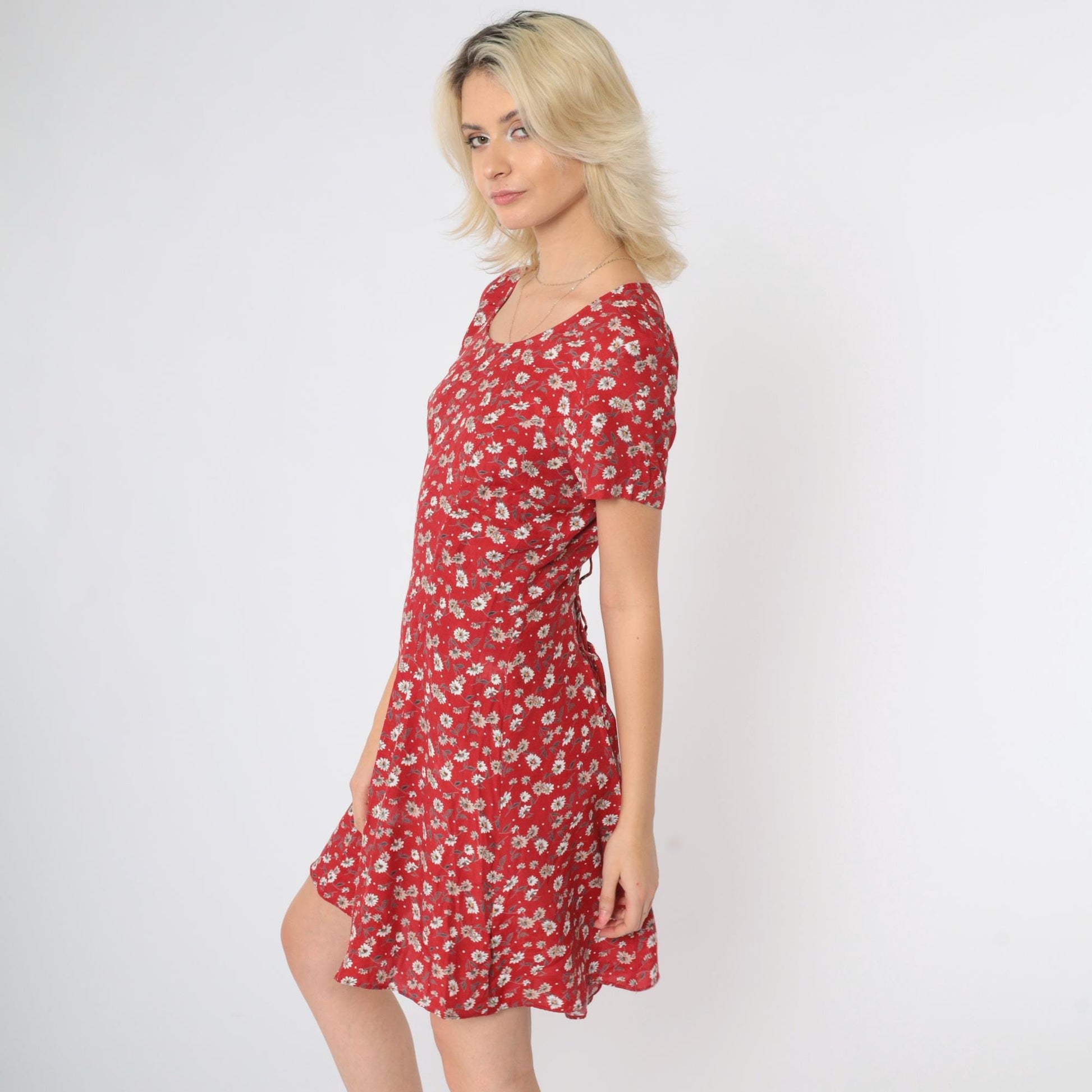 90s Rampage Red Floral Mini Dress Fit and Flare Scoop Neck Small