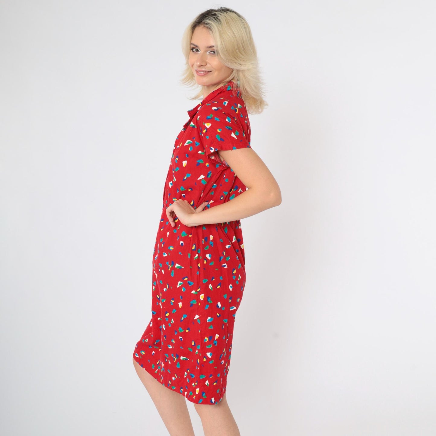 80s Red Confetti Print Midi Shirtdress Button Up High Waist Cap Sleeve Small