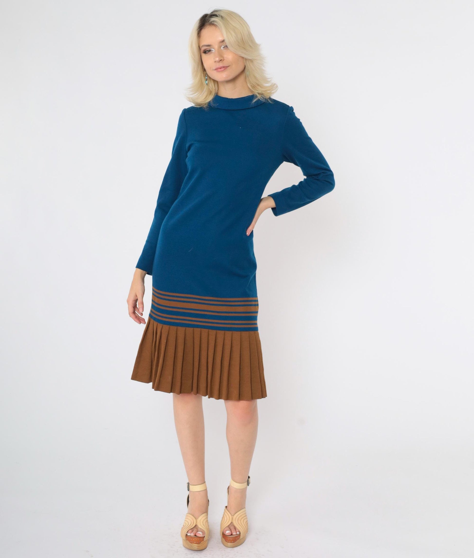 1960s Mod Scooter Dress Dark Blue Brown Striped Wool Drop Waist Small