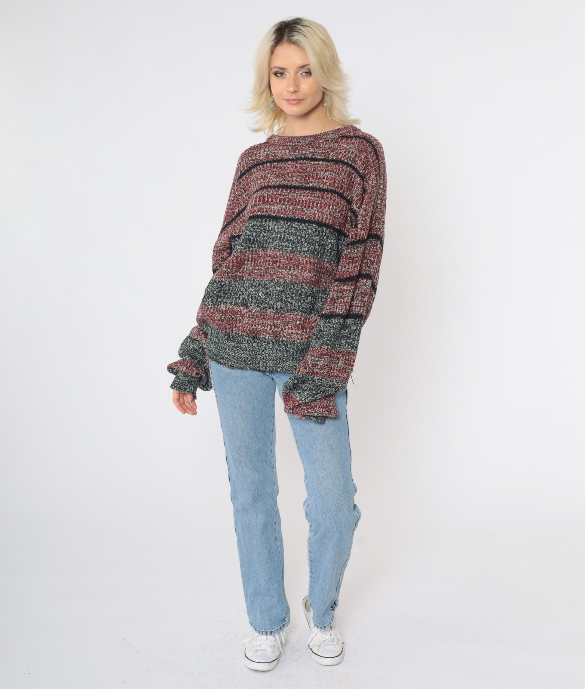 80s Wrangler Striped Knit Sweater Red Black Marled Crewneck Extra Large XL